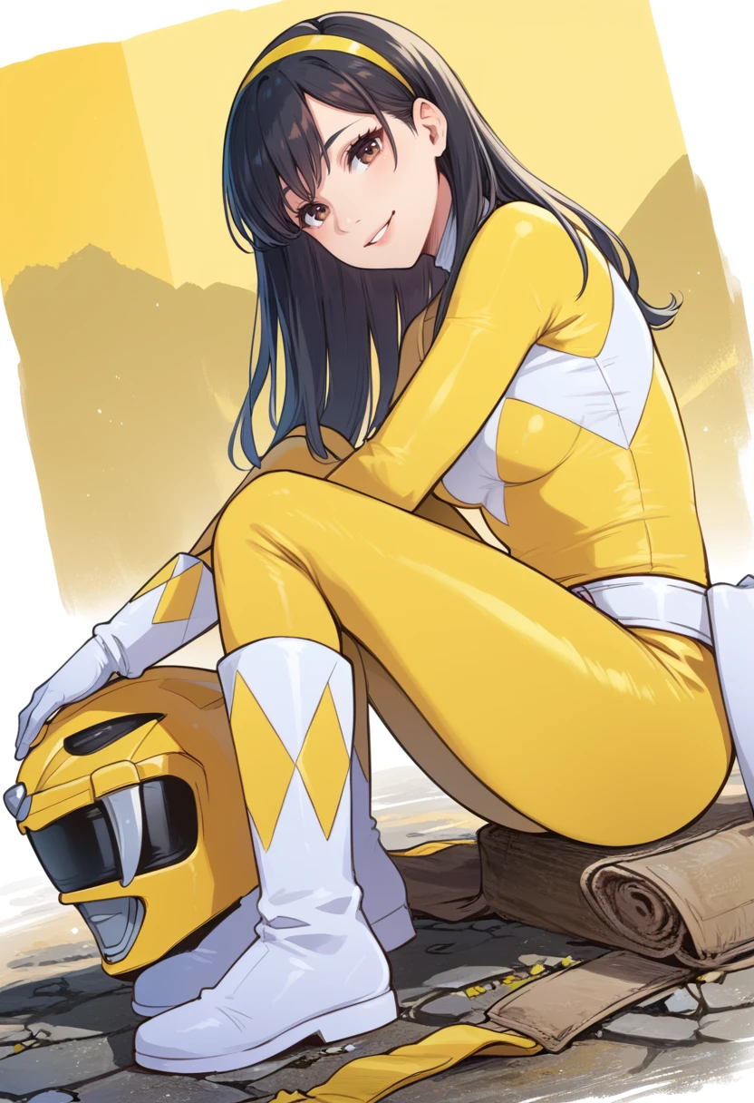 (score_9:0.9),score_8_up,score_7_up,rating_safe,anime style,(zPDXL),<lora:Yellow power rangerponyXL v1:0.76>,yellow bodysuit,yellow power ranger,1girl,solo,long hair,black hair,brown eyes,sitting,smile,yellow hairband,looking at viewer,white boots,white gloves,medium breasts,trini kwan,sitting,from side,yellow motorcycle helmet,(helmet removed),helmet on floor,