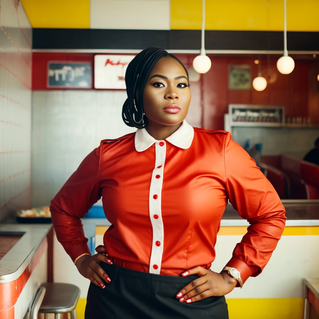 Pnom Phen,  <lora:JezraMatthews:1>26 year old Jezra Metthews, decently dressed, posing for a photo as a waitress in a 60s diner , 4k,raw,  fashion, masterpiece