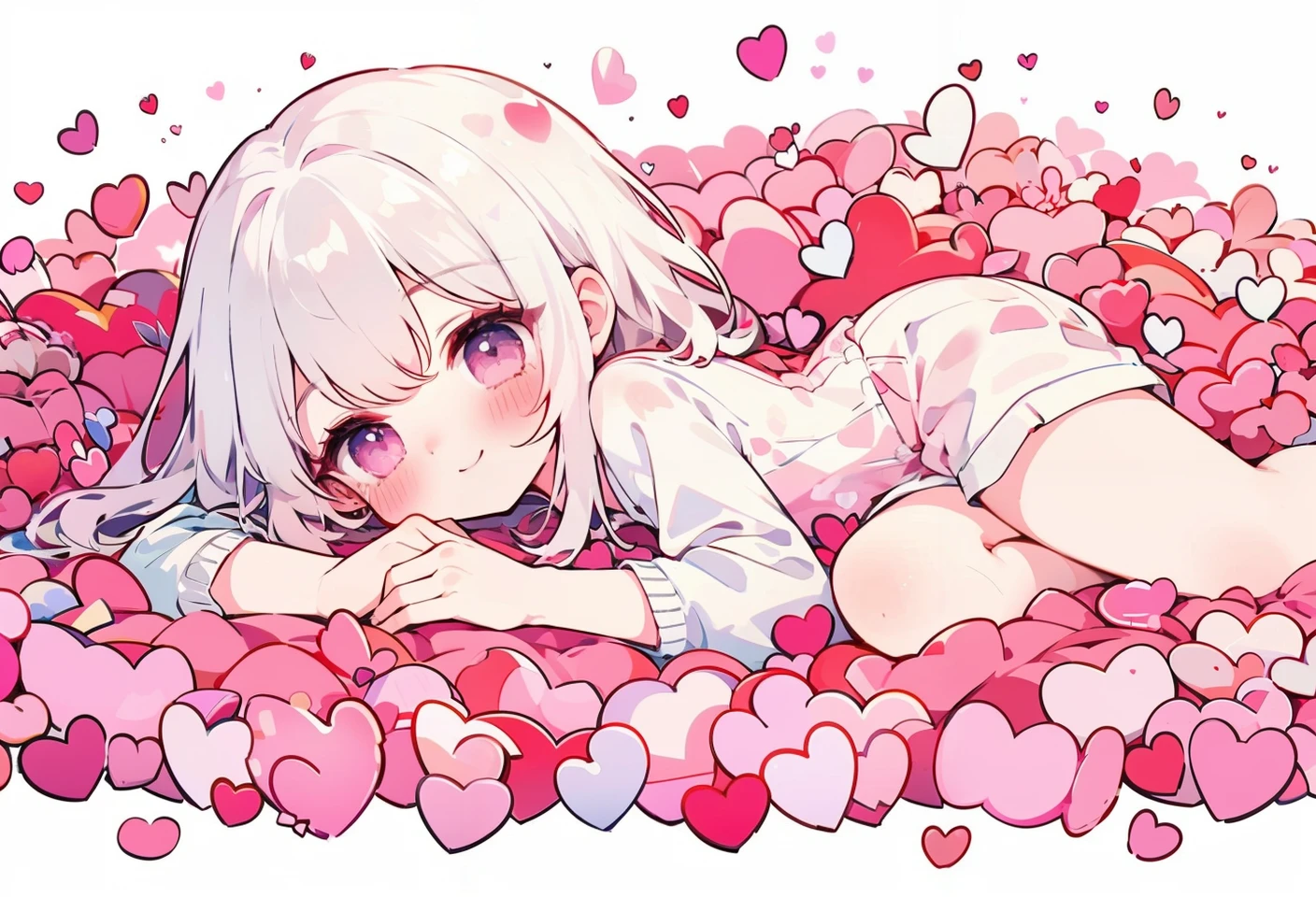 solo, 1girl, white hair, smile, blush, leaning, full body, pink heart, heart pool