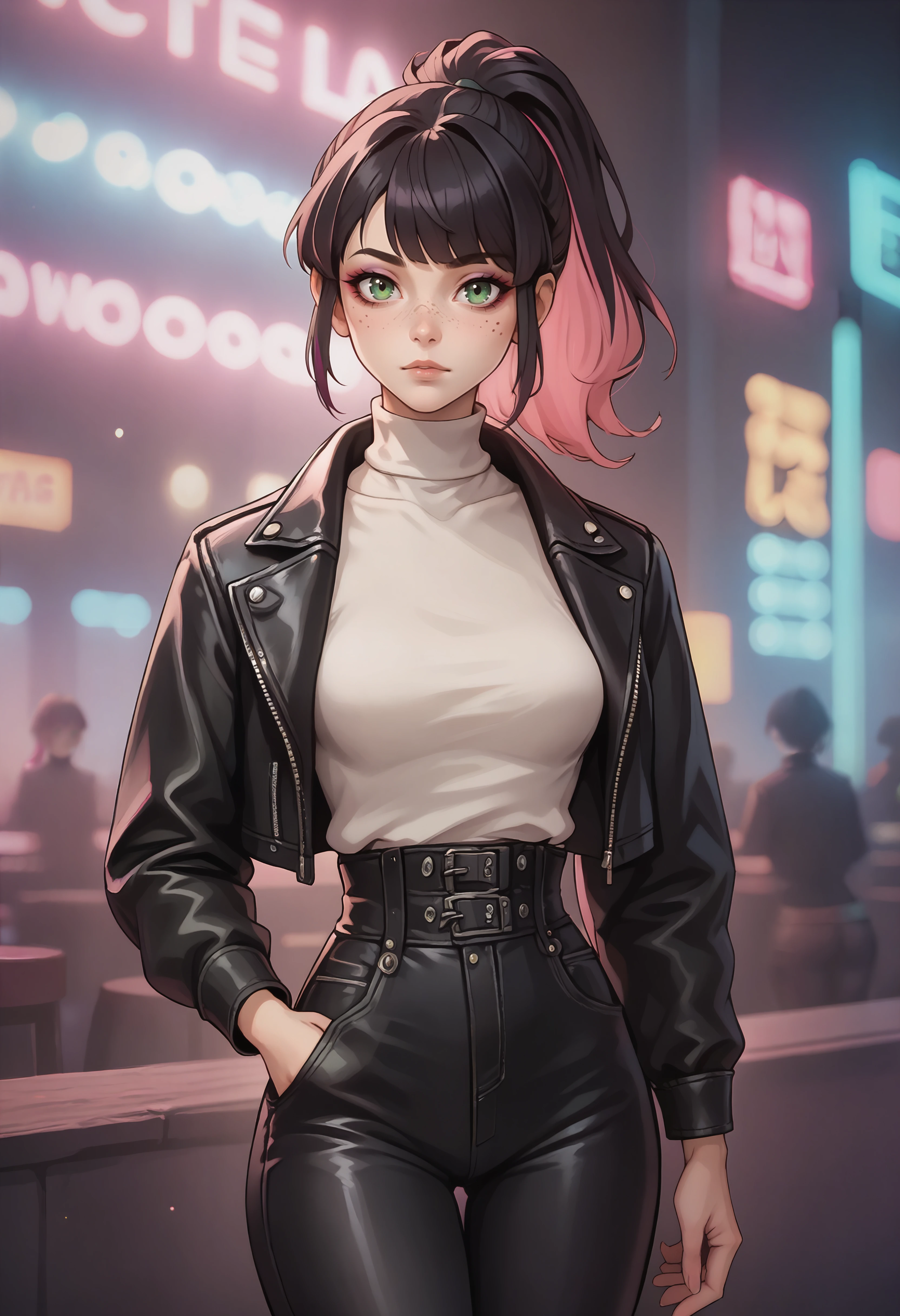 score_9, score_8_up, score_7_up BREAK solo, 1girl, cowboy shot, nightclub, neon lights, bokeh, depth of field, black hair, pink dyed hair, ponytail, bangs, green eyes, freckles, makeup, leather jacket, turtleneck, high waist pants