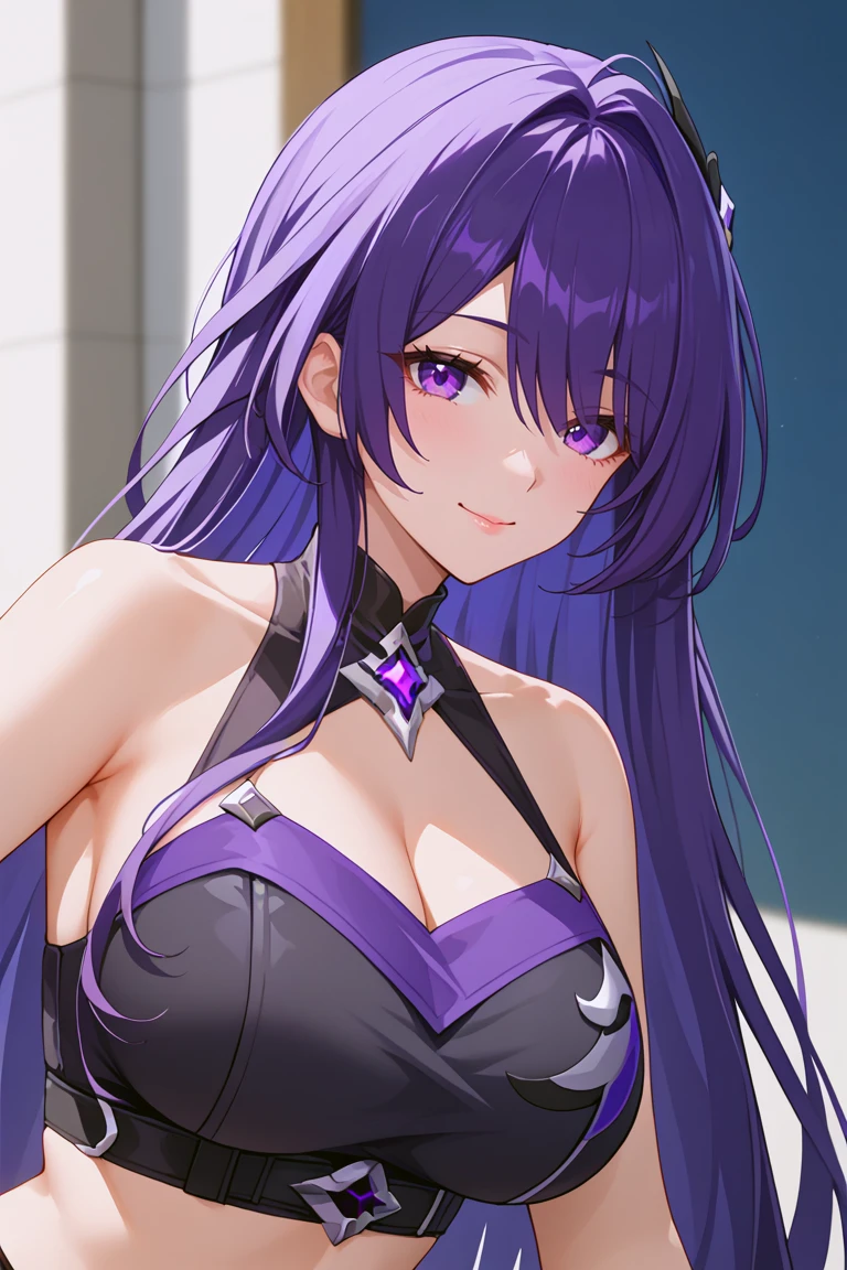 masterpiece,high quality,anime_source,score_9,acheron,AcheronBren,1girl,long hair,purple hair,mature female,purple eyes,bare shoulders,bare_midriff,single boot, shorts shorts, black shorts, crop top, beautiful eyes, tall female, focus face, close up, beautiful smile, beautiful eyes<lora:EMS-384508-EMS:0.200000>, <lora:EMS-426202-EMS:0.700000>