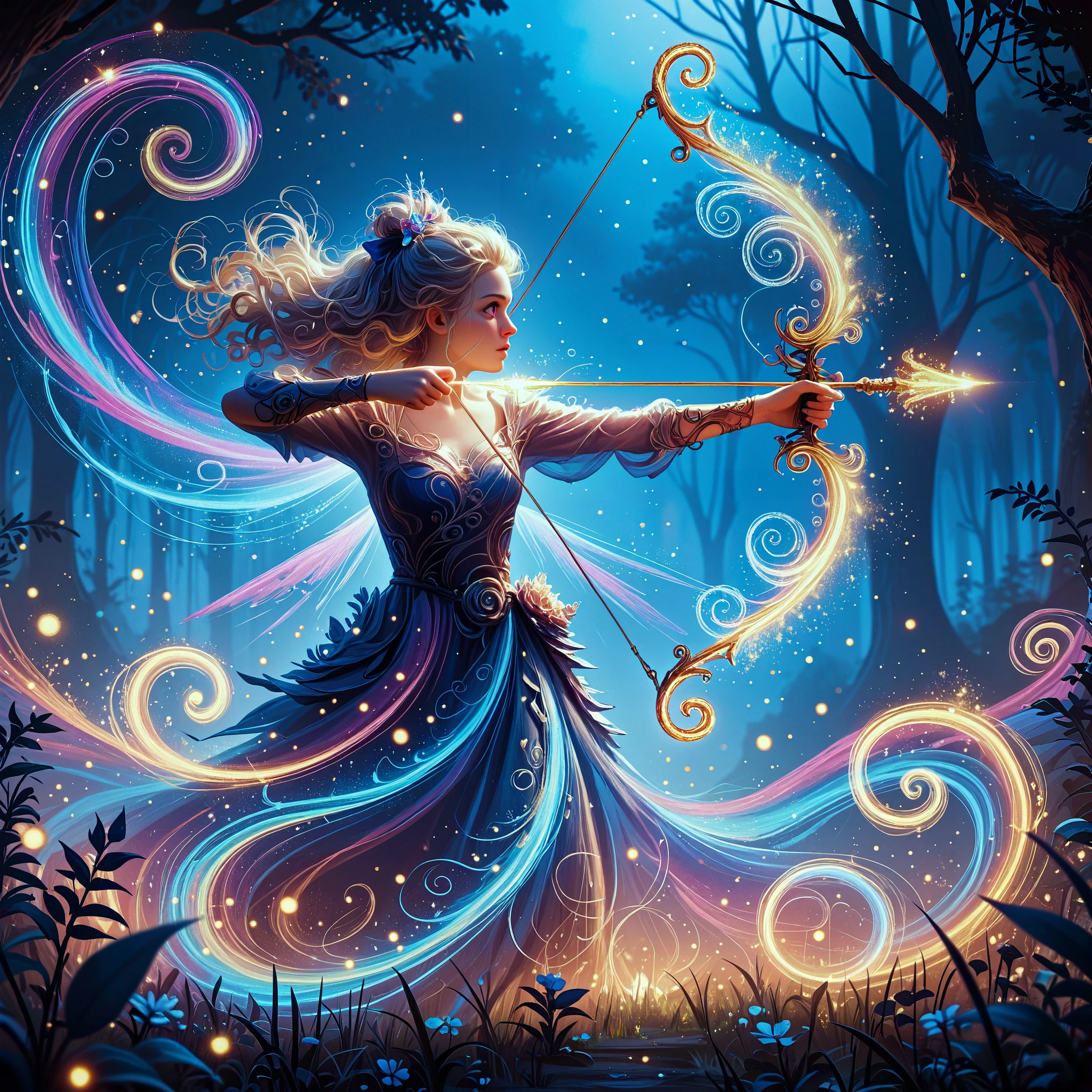 Score_9, score_8_up, score_7_up, score_6_up, score_5_up, score_4_up,   1girl, mystical archer, fantasy character, glowing swirls, luminescent figure, magical bow, ethereal arrow, weapon, tree, arrow \(projectile\), solo, grass, 1girl, nature, night, light particles, outdoors, forest, glowing, drawing bow, holding bow \(weapon\), long hair, aiming, holding weapon, holding, standing, curly hair, flower, fantasy, vibrant colors, ethereal atmosphere, otherworldly glow, neon lights, colorful aura, sparkling ambiance, bioluminescent elements, enchanted forest, vivid lighting, bright illumination, multicolored lights, dynamic light effects, mystical scene, surreal scenery, fantasy art, high detail, vibrant palette, blue, purple, pink, orange, yellow, green, neon, glowing, wonder, awe, enchantment, magic, digital painting, high contrast, whimsical, captivating pose, dynamic composition, close up,  swirling, glowing magical energy.    <lora:Selftrained\Lumina_Mystica:0.4>