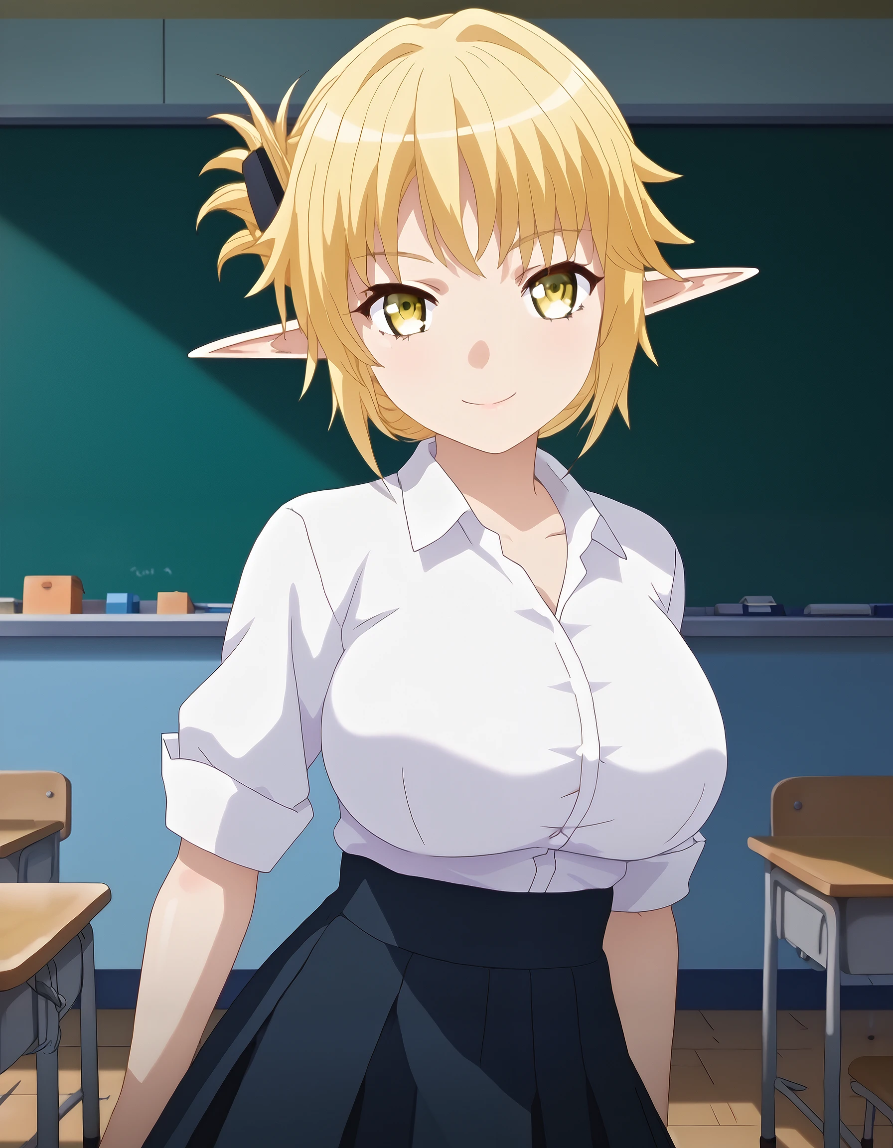 score_9, score_8_up, score_7_up, masterpiece, absurdres, source_anime, (perfect anatomy), good_hands,

1girl, solo, Aegis, blonde, short hair, hair bun, yellow eyes, elf ears, big breast,
white shirt, mini skirt, black skirt,

indoors, classroom, stand up,
smiling, sexy pose, looking at viewer, cowboy shot,