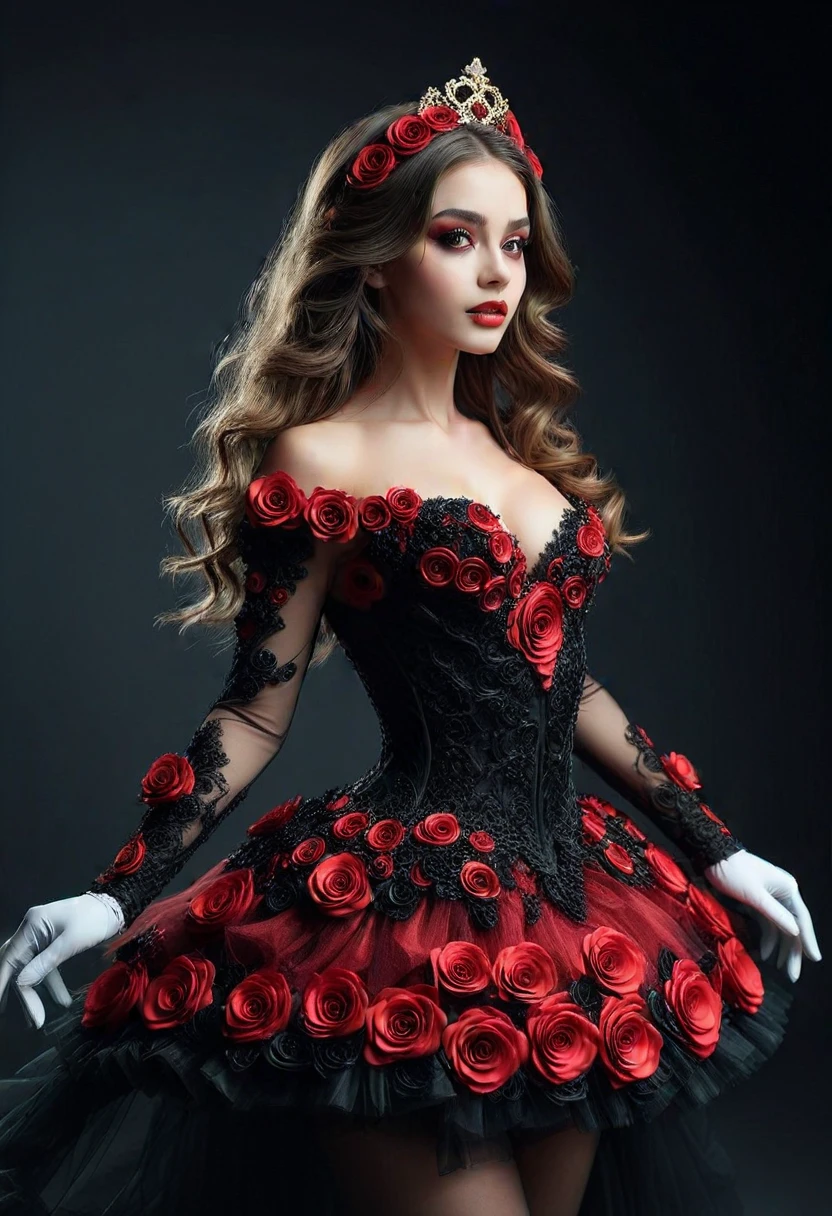 BL4CKR3DR0S3S, a mature woman dancing, very long hair, detailed face, detailed eyes, makeup, ornate ballerina longsleve costume with tutu and pantyhose is made of small black and red roses, (longsleve:1.1), gloves, tiara, armlet, dark gradient background