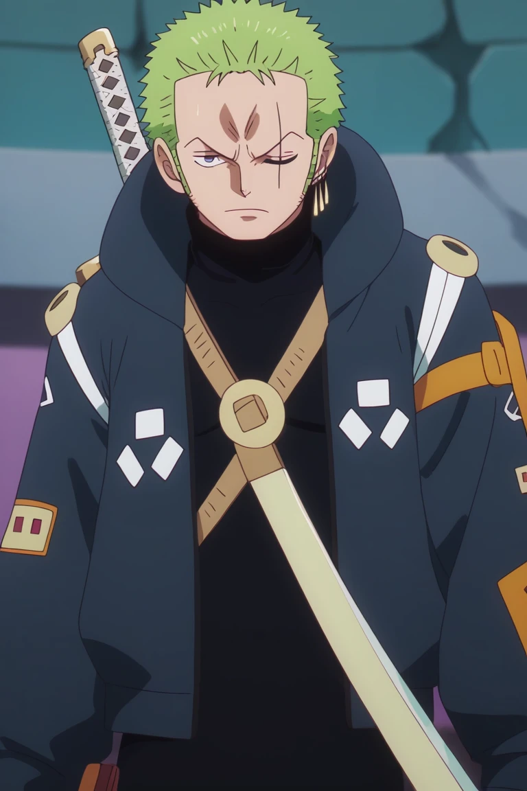 score_9, score_8_up, score_7_up, score_6_up, detailed, intricate details, highres, absurdres ,source_anime, cowboy shot, zoro_eh, green hair, grey   eyes, scar, black   bodysuit, jacket, 1boy, male focus, solo, weapon, sword, scar across eye, parody, one eye closed, short hair, anime coloring, scar on face, fake screenshot, official style<lora:EMS-429821-EMS:1.000000>