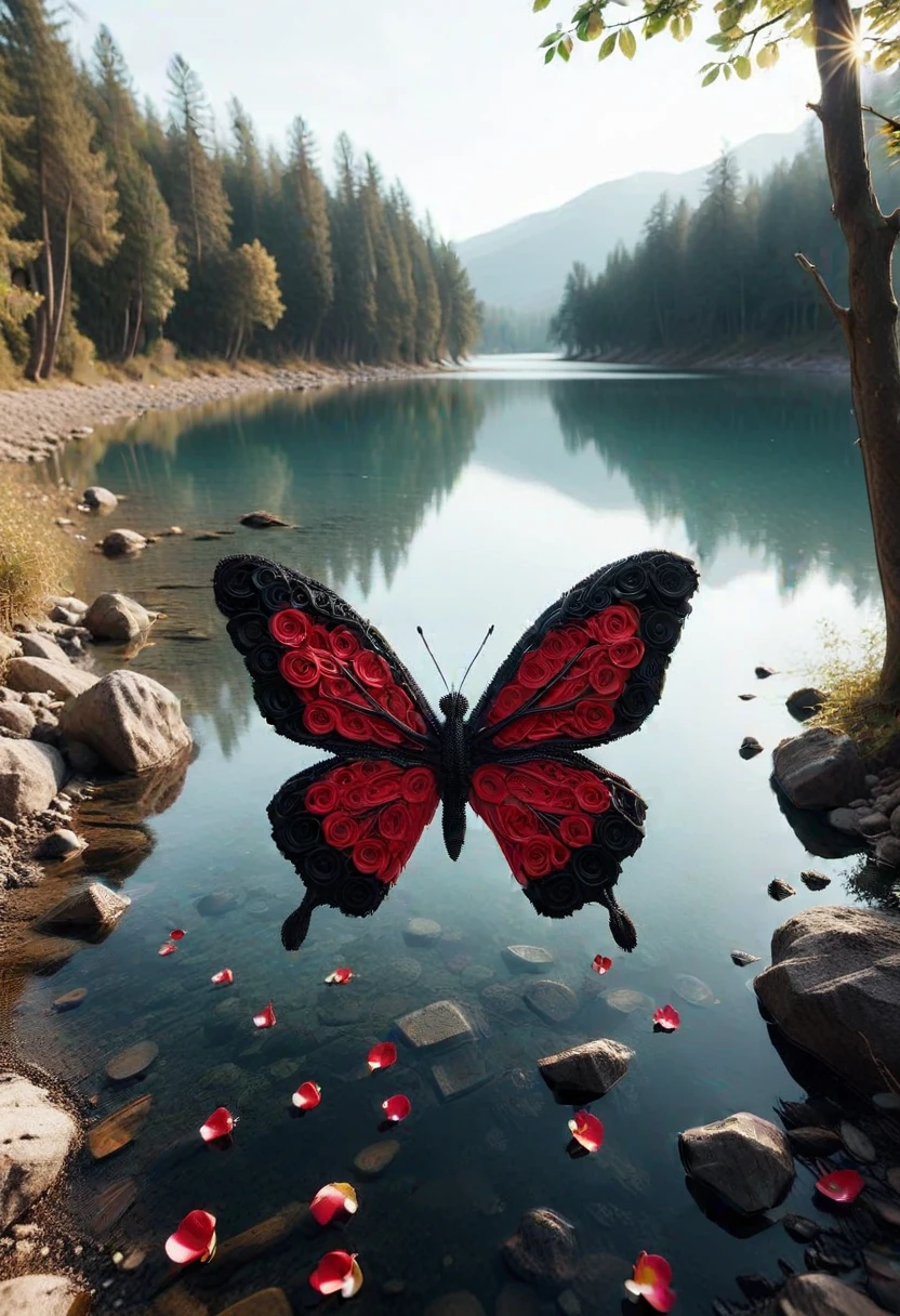 (medium full shot) of butterfly BL4CKR3DR0S3S, located in a tranquil lakeside, with calm waters, pebbled shore, surrounding trees, and serene ambiance, ,Masterpiece,best quality, photo, realistic, very aesthetic