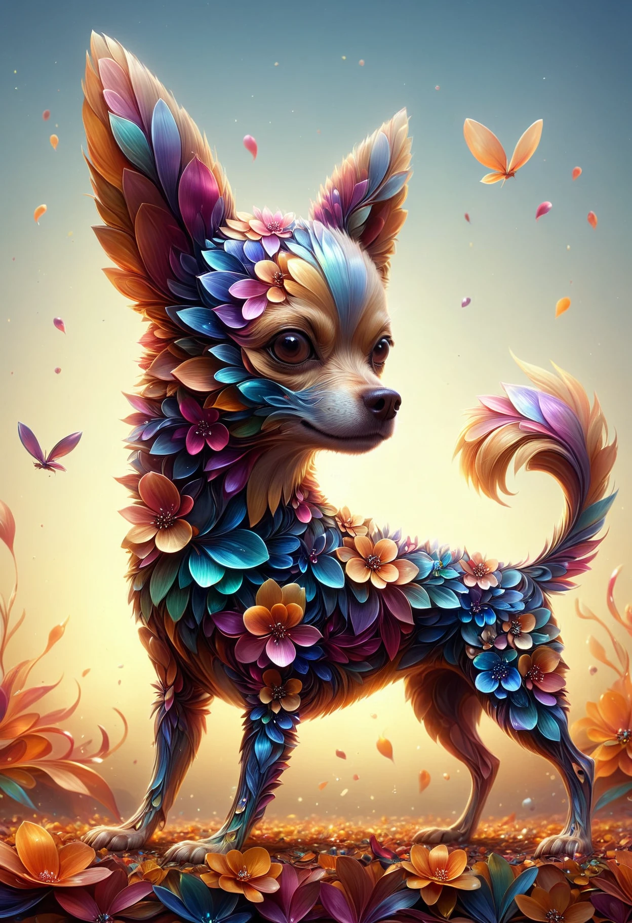 (by Tristan Eaton:1.2) and (Edvard Munch:1.2), Raw digital photo, (Chihuahua:1.3), from inside The Elysian Fields, fall cityscape with Locust, Fantasy, Cryptidcore, natural lighting, Sony A7, atmospheric perspective, hyperdetailed, scene, made out of iridescent flower petals, <lora:PinkieIriFlwrsSDXL-v1:1>, p1nk1r1fl0wers,