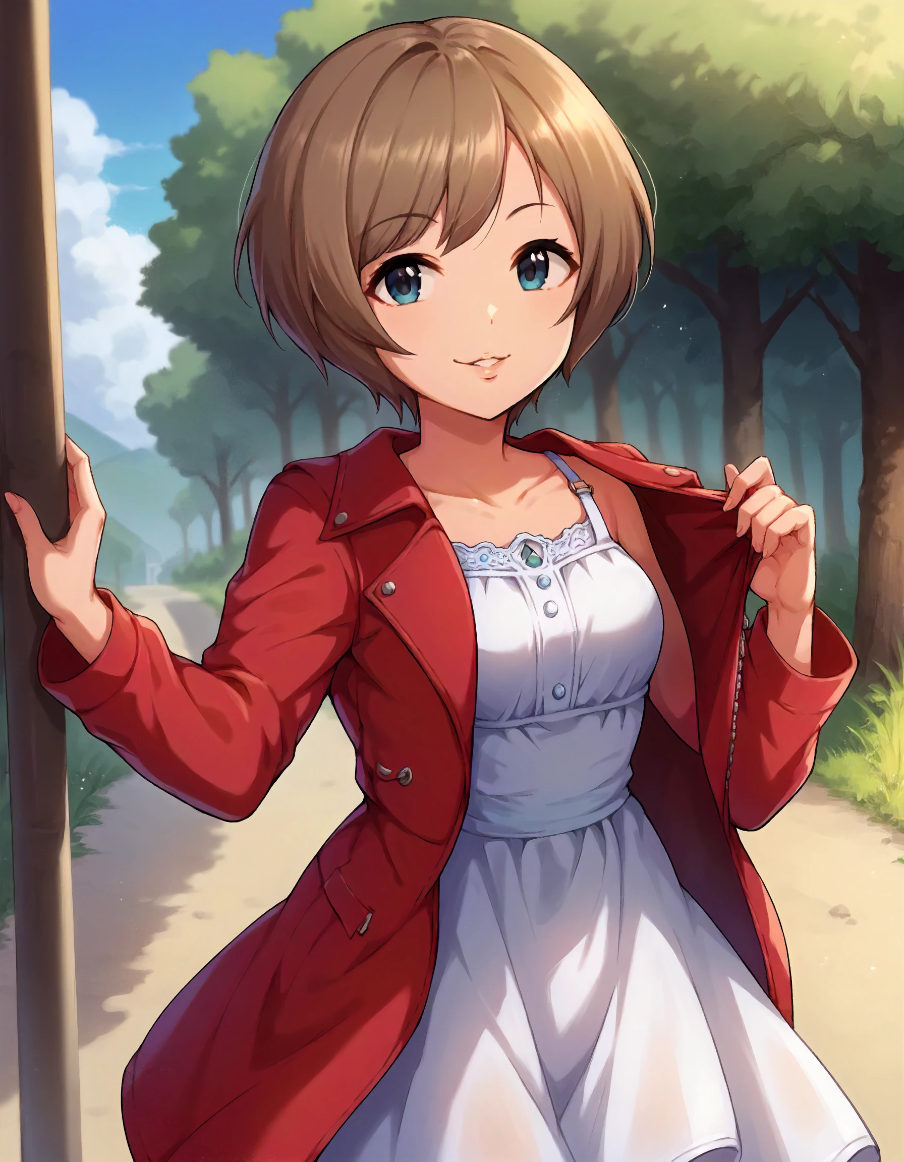 score_9,score_8_up,score_7_up,1girl,solo,cowboy shot,looking at viewer,smile,parted lips,outdoors,
<lora:manakamisato_ponyXLV6:0.8>,cgmms,brown hair,short hair,blue eyes,small breasts,
red jacket,long sleeves,sundress