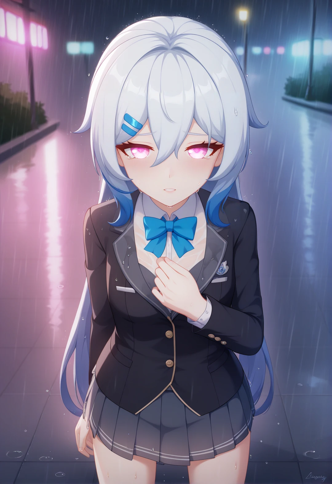 rating_all, Honkai3StyleV4XL, (emotionally captivating), (illustration) of a (young girl) pensive expression, school uniform, soft rain, rain, wet steps, wet, wet hair, nighttime ambiance, (glistening city lights), (teardrops in the rain), from above, reflective puddles, moody atmosphere, (beautifully detailed background), peaceful setting, expressive eyes, wistful mood, <lora:Honkai3StyleV4XL-EP6:1>