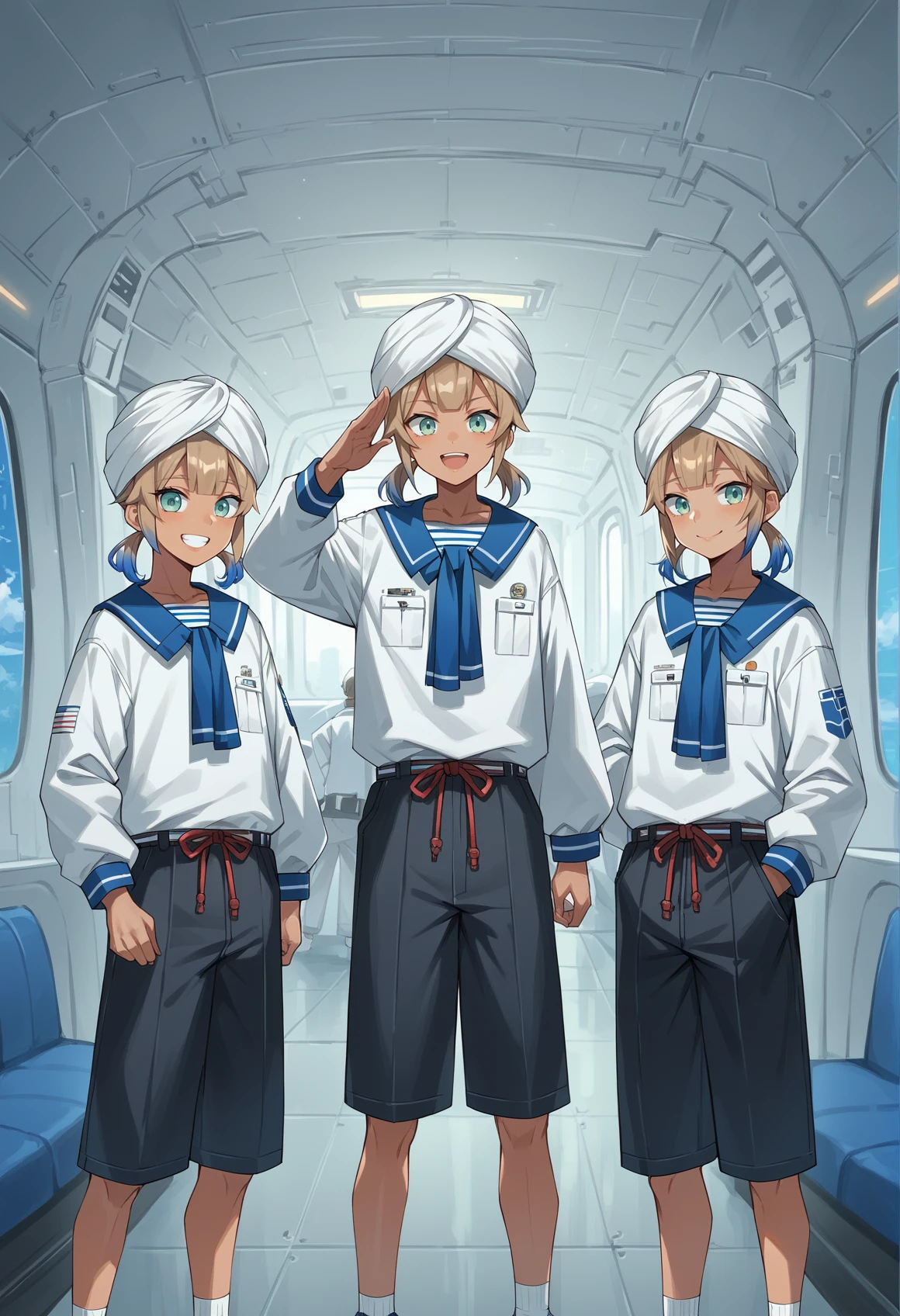 3boys, smile, salute, twins, indoors, spacecraft interior, multicolored hair, gradient hair, blonde hair, blue hair, blue eyes, androgynous, 1boy, short hair, low twintails, turban, serafuku, shorts, indoors, spacecraft interior,  standing <lora:Nemo_XL:1>, score_9, score_8_up, score_7_up, score_6_up, score_5_up, score_4_up, BREAK source_anime, masterpiece