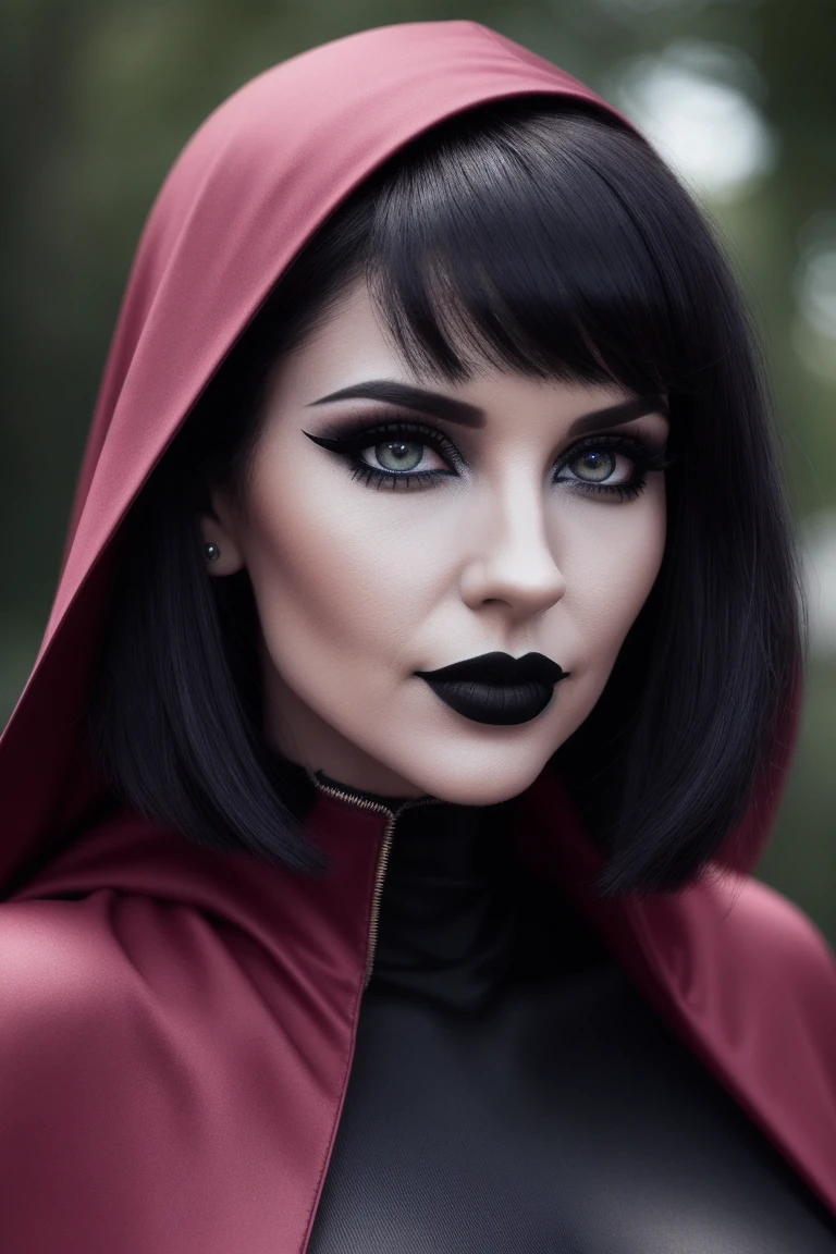 carlap:0.99, ((detailed skin, detailed face,detailed eyes, beautiful eyes):1.2), ((red lipstick, eyeliner, eye shadow, blush)), ,((fully clothed, modest)), ,photo of a woman, RAW, close portrait photo, ((black bodysuit, cape)),((short hair, dark red hair)), ((outdoors, detailed scifi city, walking)), slim body, ((detailed skin, detailed face):1.2), ((detailed eyes, beautiful eyes)), 8k uhd, dslr, soft lighting, high quality, film grain, Fujifilm XT3 sharp focus, f 5.6,((black lipstick, heavy eyeliner, heavy eye shadow, goth makeup, pale skin)) , smiling ((detailed eyes, beautiful eyes, detailed face, beautiful face)),