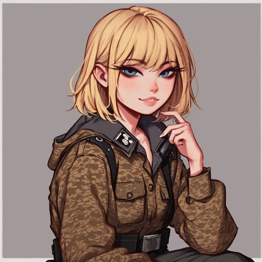 score_9, score_8_up, score_8_up, raw,
1girl, nsfw, looking at viewer, sitting down, small breasts, blonde hair, (smile, nose, lips),
military uniform, camouflage,
n30nc4t, dijor, ss, <lora:n30nc4tXLP:0.45>, <lora:Erbsenmuster_-_SS_Camo:0.8>, <lora:dijor-v2:0.7>, <lora:age_slider_v4:-4>