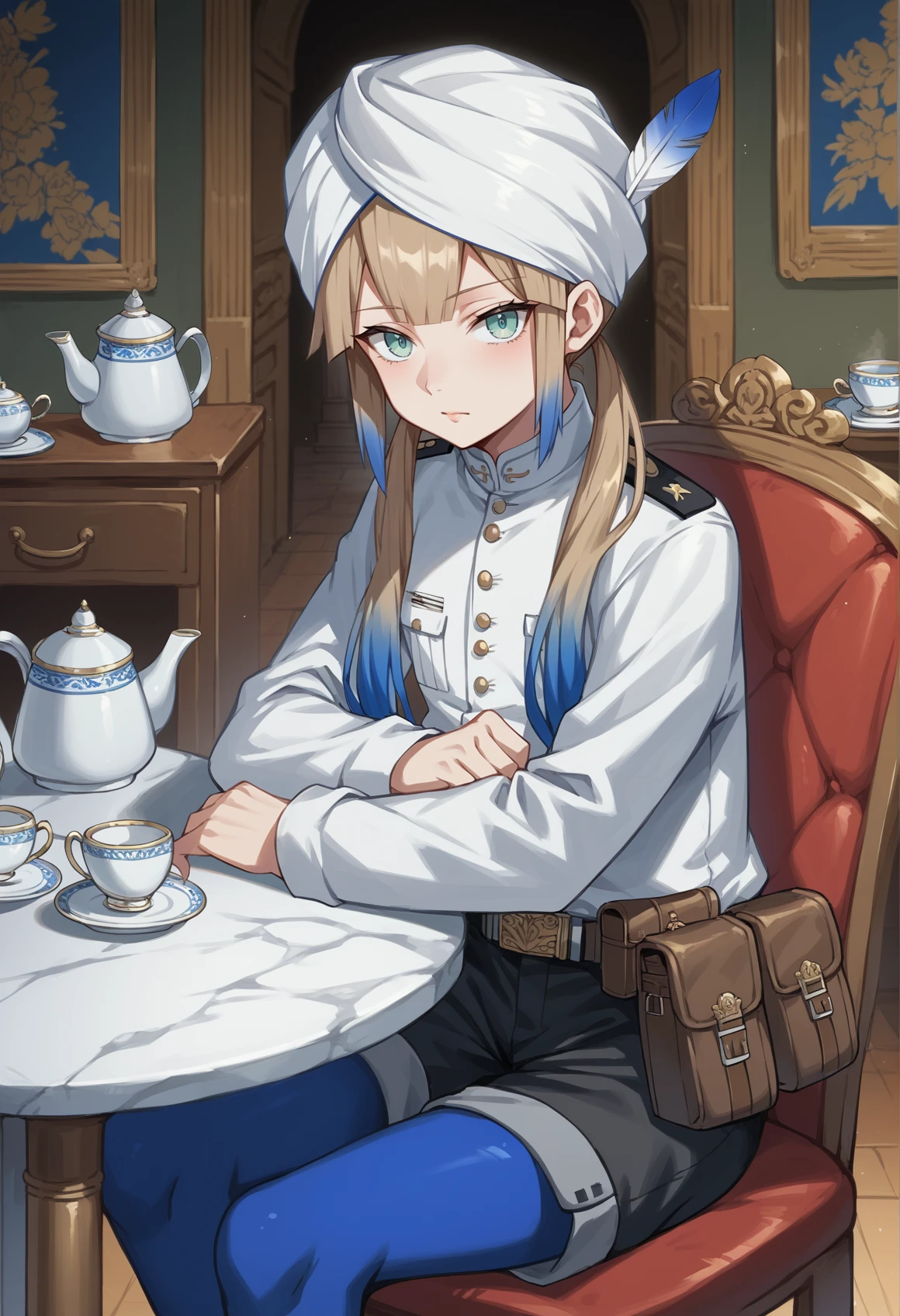 1boy, sitting, indoors, mansion, chair, table, teacup, teapot, looking at viewer, multicolored hair, gradient hair, blonde hair, blue hair, blue eyes, androgynous, 1boy, very long hair, low twintails, turban, feather, military uniform, White shirt, shorts, blue pantyhose, belt, pouch <lora:Nemo_XL:1>, score_9, score_8_up, score_7_up, score_6_up, score_5_up, score_4_up, BREAK source_anime, masterpiece