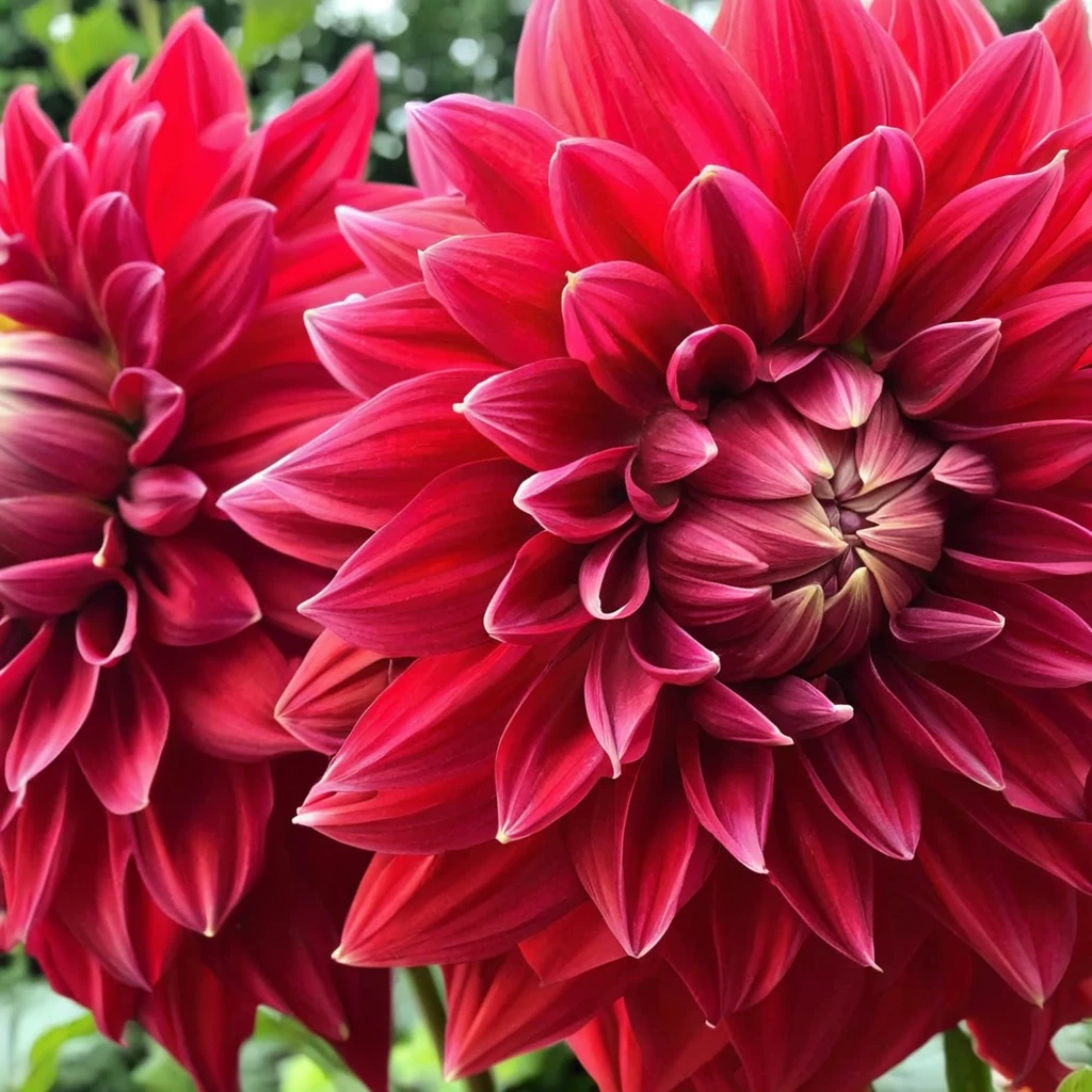 red dahlias flower head close up ingrid-elias-style in a garden  <lora:ingrid_elias_style_v2:.7>