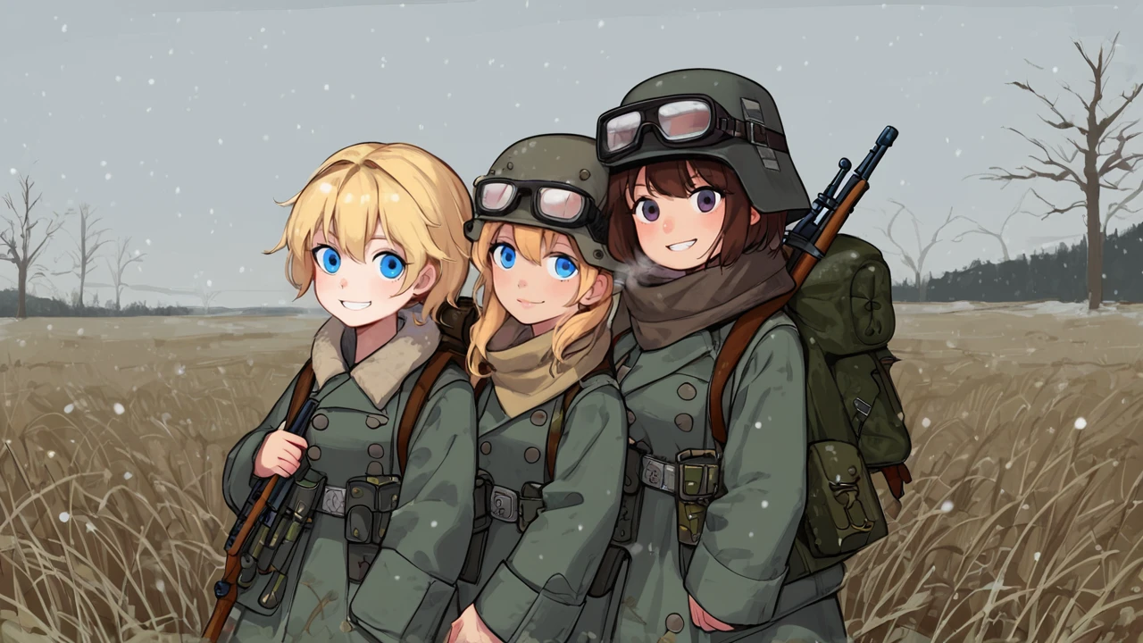 score_9, score_8_up, score_8_up, raw,
multiple girls, from above, blonde hair, brown hair, (blue eyes, nose, smile), petite,
grey uniform, grey military uniform, ammunition pouch, goggles on helmet, backpack, rifle on back,
snow covered field, (trench:1.4), scenic background, (snow:1.2),
p4st3lg0r3, n30nc4t, wehr, <lora:p4st3lg0r3XLP:0.55>, <lora:n30nc4tXLP:0.35>, <lora:age_slider_v4:-1>, <lora:Wehrmacht_And_Officers__World_War_2:1>