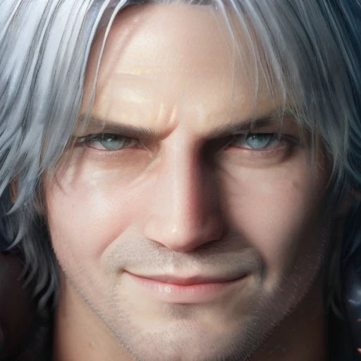 dante, closeup shot, smirk on face,  <lora:DreamWarrior_Dante_v1:1>