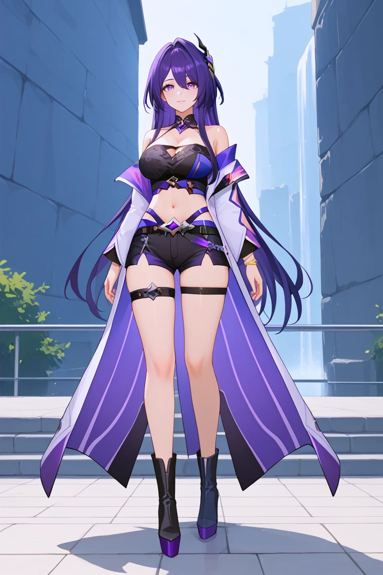 masterpiece,high quality,anime_source,score_9,acheron,AcheronBren,1girl,long hair,purple hair,mature female,purple eyes,bare shoulders,bare_midriff,single boot, shorts shorts, black shorts, crop top, beautiful eyes, tall female, high_heels_boots, thigh belt, single boot, white jacket<lora:EMS-384508-EMS:0.200000>, <lora:EMS-426202-EMS:0.700000>