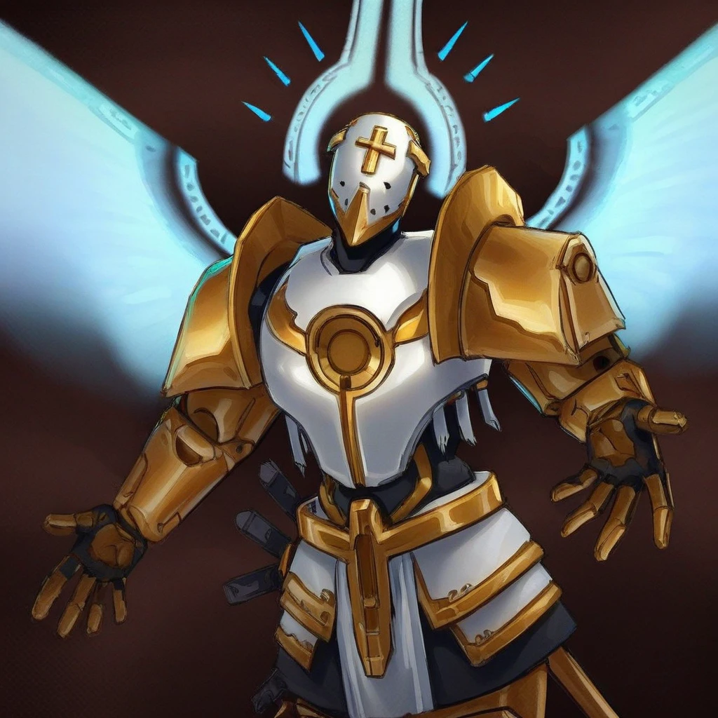 angelic, robot, wings, cross, angel, Gabriel, swords, gold and white armor, helmet