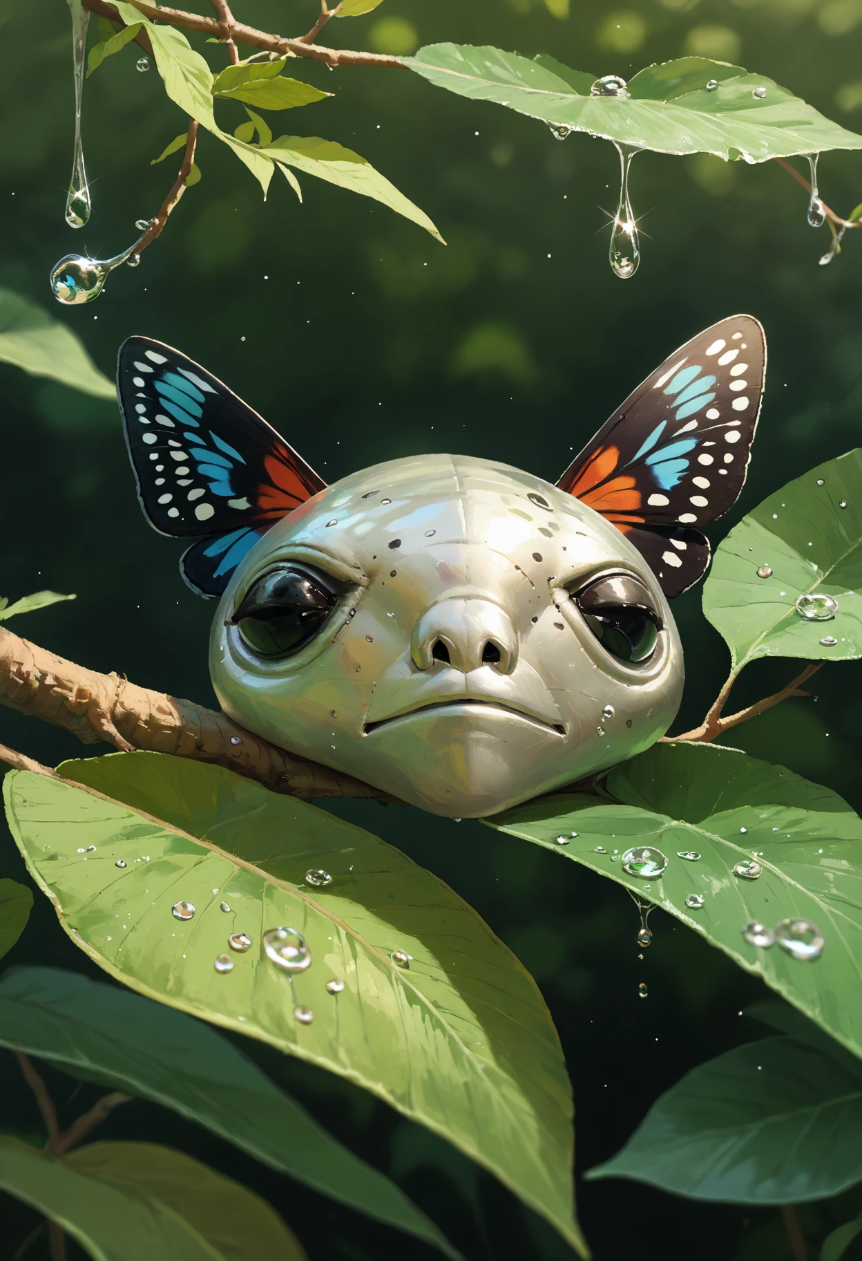 score_9, score_8_up, score_7_up, close-up, butterfly wearing albinauric_mask, depth of field, looking at viewer, on a branch, resting on a leaf, water drop, <lora:ryth-albinauric-mask:1>