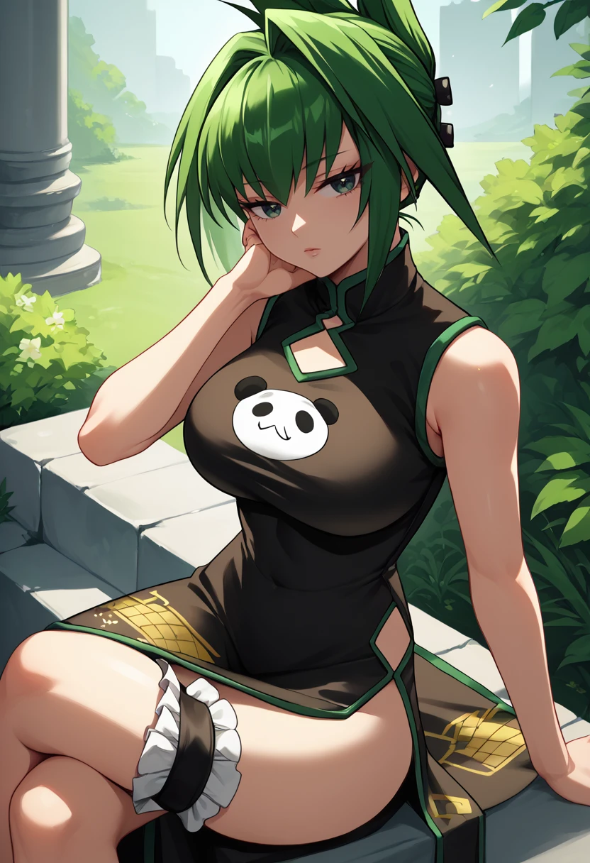 score_9,  score_7_up,  1girl, solo, Jun, green hair, green eyes, large breasts,  updo, spiky hair, black china dress, thigh strap, sitting, crossed legs, looking at viewer, outdoors,   <lora:Tao Jun-000008:1>