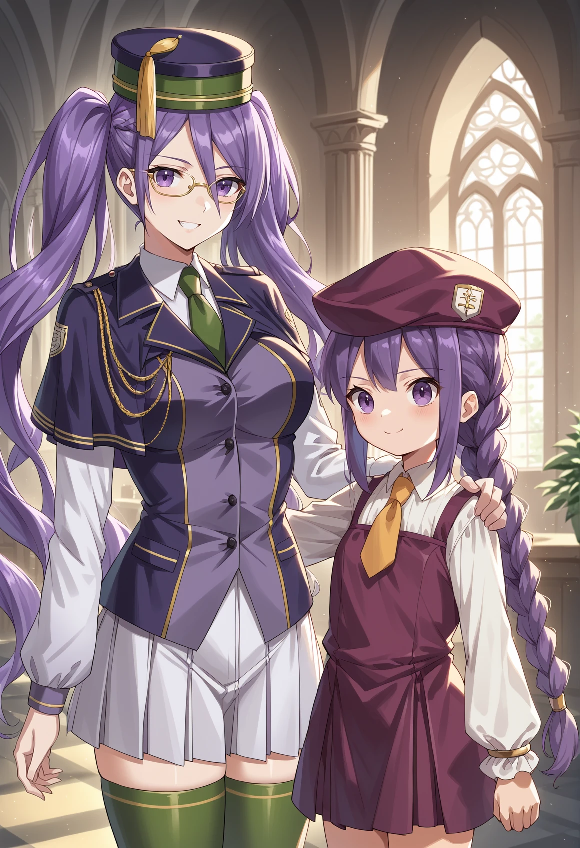 2girls, sisters, indoors, mansion, smile, long hair, purple hair, twintails, purple eyes, mortarboard, hat, school uniform, White shirt, long sleeves, vest, green necktie, capelet, white skirt, thighhighs, glasses
BREAK
2girls, sisters, indoors, mansion, expresionless, 1girl, long hair, purple hair, braid, purple eyes, purple beret, age regression, short dress, long sleeves, yellow necktie, bracelet, hands on shoulder  <lora:Sion_XL-000009:1>, score_9, score_8_up, score_7_up, score_6_up, score_5_up, score_4_up, BREAK source_anime, masterpiece