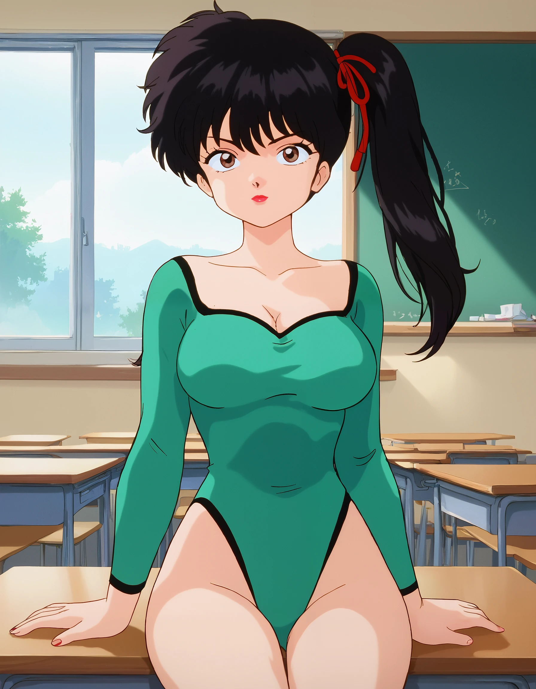 score_9, score_8_up, score_7_up, masterpiece, absurdres, source_anime, (perfect anatomy), good_hands,

1girl, solo, Kodachi, 1990s style, black hair, side ponytail, bangs, fluffy hair, brown eyes, lipstick, red ribbon, big breast,
green leotard, indoors,

indoors, classroom, sitting on desk, cowboy shot,