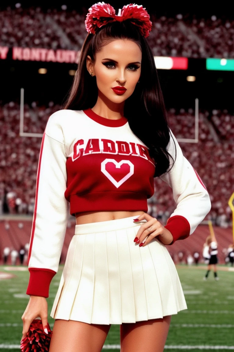 carlap:0.99, ((detailed skin, detailed face,detailed eyes, beautiful eyes):1.2), ((red lipstick, eyeliner, eye shadow, blush)), ,((fully clothed, modest)), , photo of a woman, ((cheerleader outfit, cheerleader sweater, cheerleader skirt, pom poms)), ((outdoors, stadium, football game))