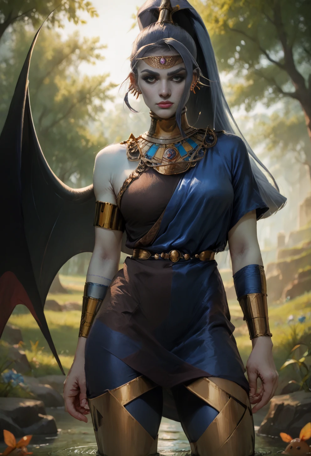 score_9, score_8_up, score_7_up, megaerahades, megaeraoutfit, single wing, collar, ponytail, blue skin, circlet, armlet, ear piercing,  <lora:megaeraPony:1.1>, outside