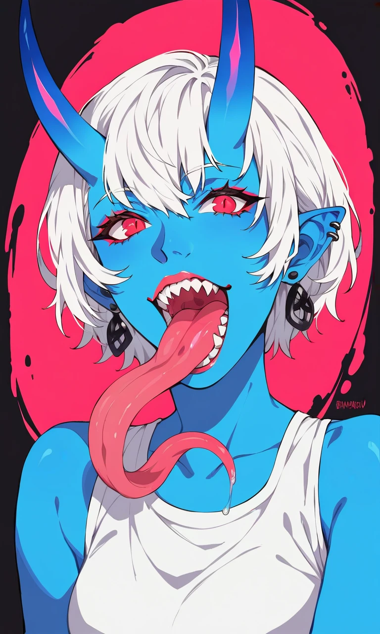 score_9, score_8_up, score_7_up, well drawn, (vivid colors, saturated colors:1.1), immaculate, highly detailed, intricate, masterpiece, rating_safe,
1girl, solo, soukaku, demon girl, (colored skin:1.1), (blue skin:1.1), oni horns, white hair, short hair, red eyes, pointy ears, ear piercing, Mmouth, open mouth, sharp teeth, colorful tongue, long tongue, Mmouth, open mouth, sharp teeth, colorful tongue, long tongue