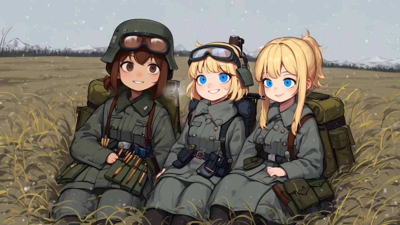 score_9, score_8_up, score_8_up, raw,
multiple girls, sitting by fire, from above, blonde hair, brown hair, (blue eyes, nose, smile), petite,
grey uniform, grey military uniform, ammunition pouch, goggles on helmet, backpack, rifle on back,
snow covered field, scenic background, (snow:1.2),
p4st3lg0r3, n30nc4t, wehr, <lora:p4st3lg0r3XLP:0.55>, <lora:n30nc4tXLP:0.35>, <lora:age_slider_v4:-1>, <lora:Wehrmacht_And_Officers__World_War_2:1>