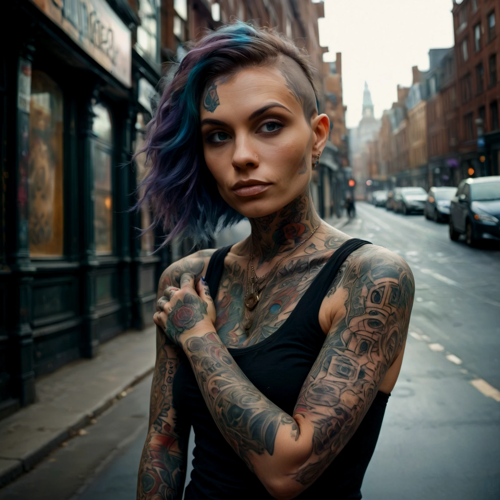 A beautiful young tattooed woman. Skin covered in tattoos. On a city street.

Atmospheric. 

<lora:WhimsyLondon2_CE_SDXL:0.85> WhimLonCE