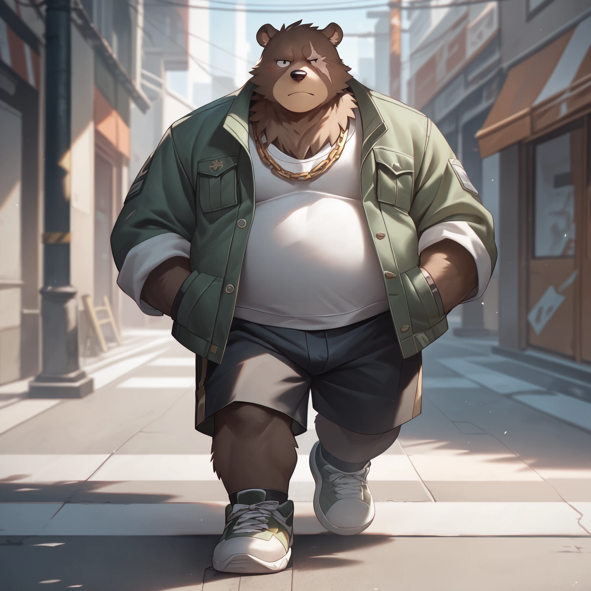 mature male, dominant male, zPDXL2, <lora:Ben-PONY-E16R5:0.8>, brown bear, ben, animal ears, musclegut, furry, chain necklace, muscular, scar, topless, neutral expression, surprise, fulllength portrait, black eye, sunlight, particles, hand in pocket, green open jacket, white tank top, black shorts, sneakers, looking at viewer, bedroom eyes, walking, street, city, by cursedmarked, by lindong, by takemoto arashi, (masterpiece, highest quality, high quality, best quality, hi res, detailed background, highres, digital media \(artwork\), uploaded_on_e621)