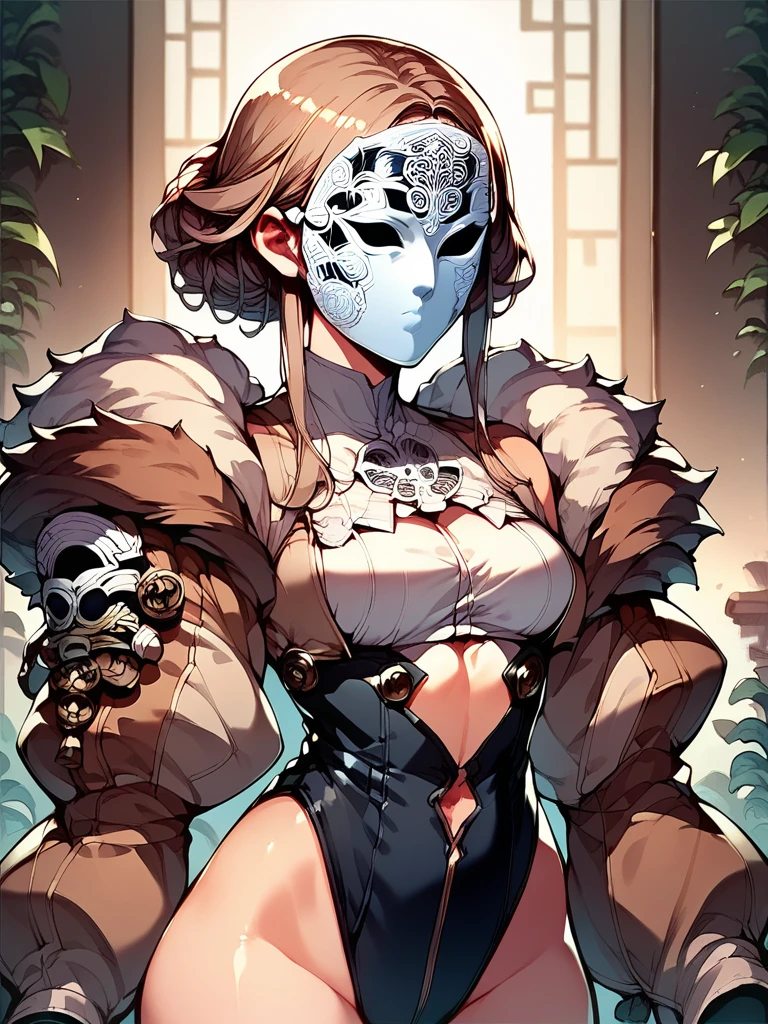 score_9,score_8_up,score_7_up,source_anime,1girl,<lora:whitemask:1>,white mask,fluffy brown hair,leotard,center opening,