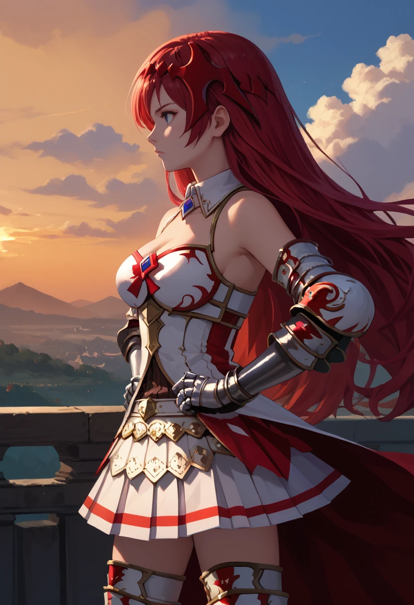 score_9, score_8_up, score_7_up, source_anime, profile, solo, 1girl, alexieldef, expressionless, looking away, standing, hands on own hips, hair ornament, armor, detached collar, gauntlets, white skirt, pleated skirt, thighhighs, bare shoulders, cleavage, large breasts, sunset, cloud, outdoors <lora:gbf_godswornalexiel_ponyXL:1>