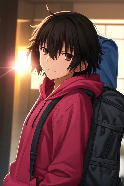 (masterpiece), best quality, expressive eyes, perfect face, HDR, UHD, 8K, Cinematic Lighting, lens flare, male_focus, hood, hoodie, jacket, black_hair, brown_eyes, bag, pink_hoodie, backpack, short_hair, hood_down, solo_focus, hair_between_eyes, drawstring 
BREAK
Takashi Takeuchi artstyle, sharp focus,