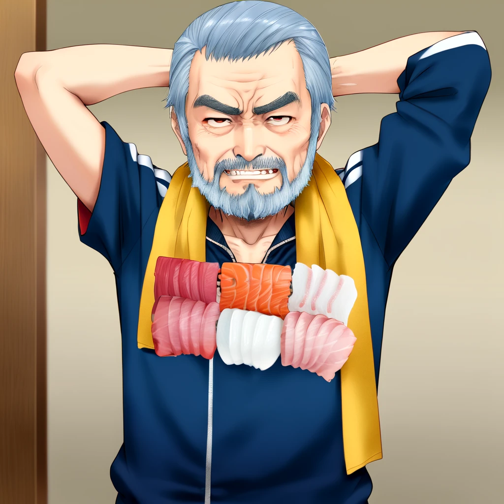 <lora:sashimi_SDXL:0.7>,
grey_hair, male_focus, thick_eyebrows, beard, mustache, manly, animification, old_man, sushi locket, sashimi dog_tag, evil grin blue_T_tracksuit, mature beard thin old man, isaku, shuusaku, kisaku, arms behind head, yellow neckerchief towel on neck