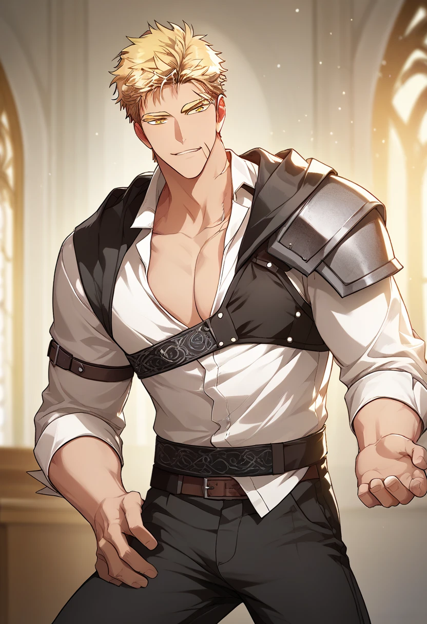 1boy, male focus,
<lora:Character - Author of My Own Destiny - Gunter:1> gunter, blonde hair, scar, yellow eyes
((zPDXL)), best quality, amazing quality, best aesthetic, absurdres, year2023, nsfw, game cg, official art, official style,  uncensored,
<lora:Style - Ecstasy_Emperess:0.45> emper3ss
castle
cowboy shot,  collared white shirt, shoulder guard, pectoral cleavage, naughty face,  chest belt,