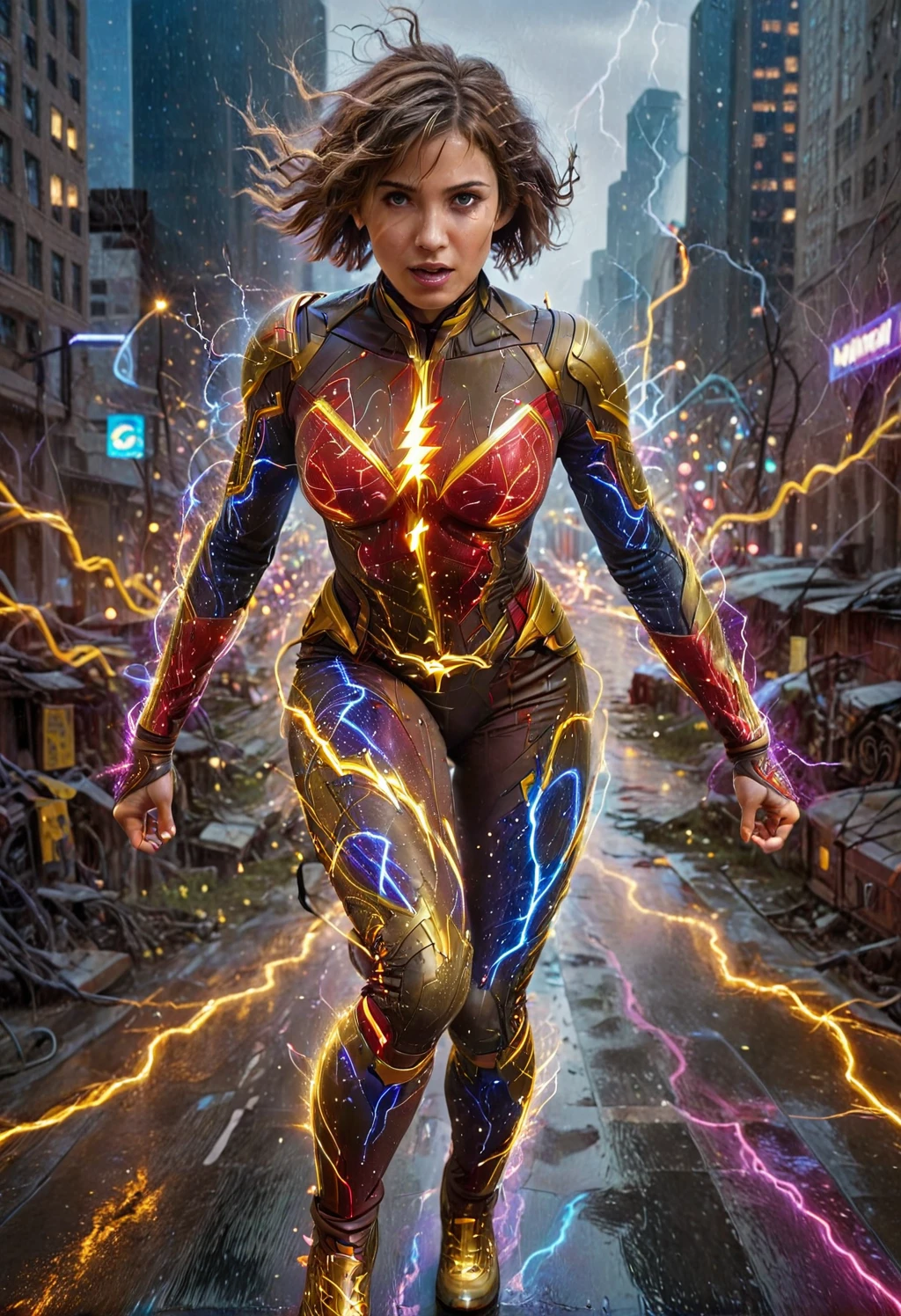 lthndrtrl, solo, the flash a European woman wearing a hero suit, the suit made of golden and blue and red and yellow and purple lightning thunder trails <lora:lthndrtrl_V3_4:0.5>, futuristic city, depth effect,  perfect eyes <lora:perfect-eyes:1>, (short brown messy hair:1.8), running on the ground in the midground