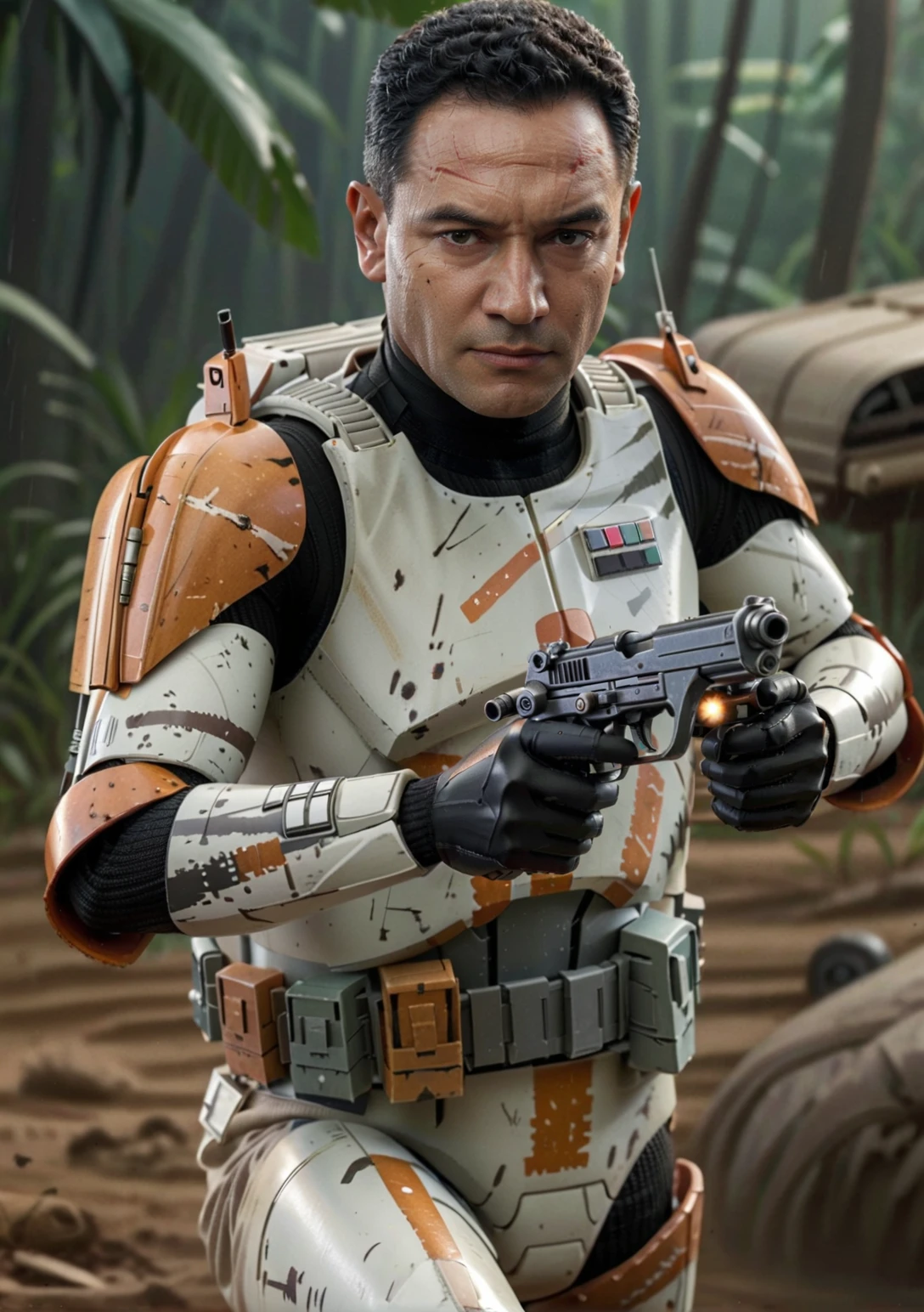 (upper body shot1.5) (side view1.5) of <lora:Clone_Trooper_Cody:0.8> Clone Trooper Cody portrayed by Temuera Morrison, running and shooting handguns, shouting and screaming, skin pores, short black hairstyle, background of a tropical jungle, <lora:Film lora:0.5> realistic film photography <lora:filmicVibesXL_v1.1:0.4> filmic, (intricately detailed:1. 2), mood, raw photo, DSLR, 8k, 4k, UHD, DSLR, high quality, soft lighting, nikon, canon