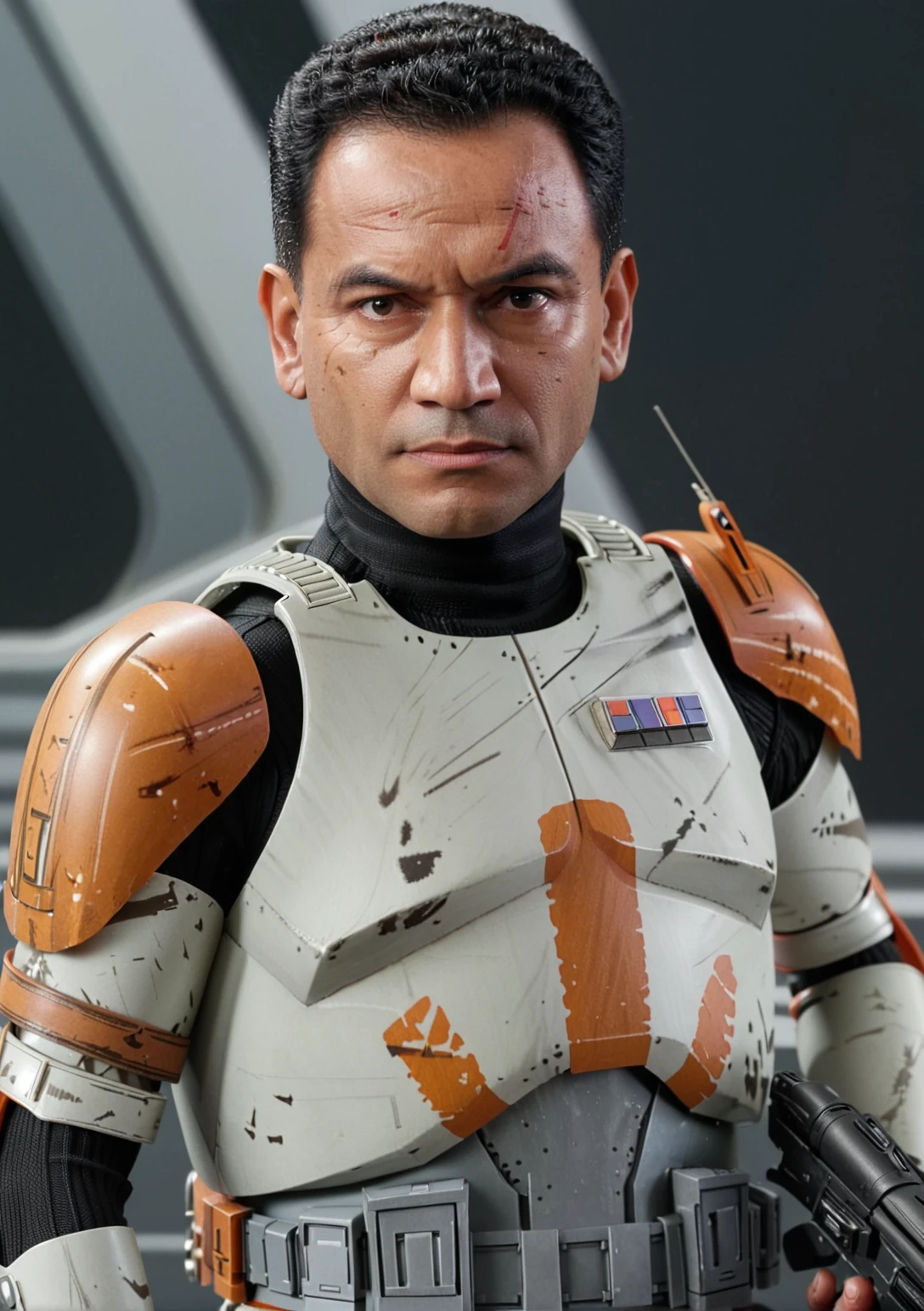 (close-up shot1.5) of <lora:Clone_Trooper_Cody:1> Clone Trooper Cody portrayed by Temuera Morrison, holding blaster rifle, his face has a serious expression, skin pores, short black hairstyle, exhibits acrobatic prowess, dynamic action pose fighting with stormtroopers, background interior of a style sci-fi spaceship cargo hold, <lora:Film lora:0.5> realistic film photography <lora:filmicVibesXL_v1.1:0.4> filmic, (intricately detailed:1. 2), mood, raw photo, DSLR, 8k, 4k, UHD, DSLR, high quality, soft lighting, nikon, canon