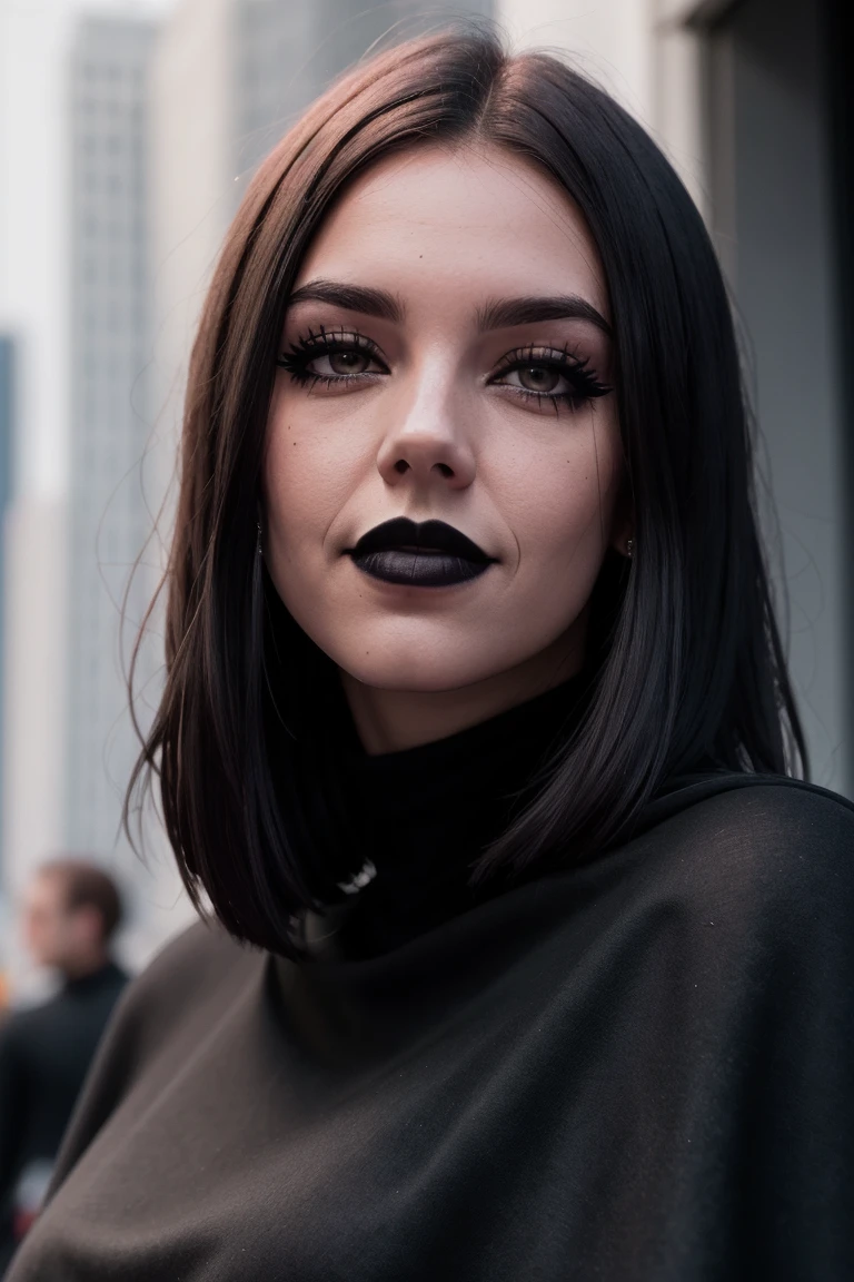 samboss-2844, ((detailed skin, detailed face,detailed eyes, beautiful eyes)), ((red lipstick, eyeliner, eye shadow, blush)),
,photo of a woman, RAW, close portrait photo, ((black bodysuit, cape)),((short hair, dark red hair)), ((outdoors, detailed scifi city, walking)), slim body, 8k uhd, dslr, soft lighting, high quality, film grain, Fujifilm XT3 sharp focus, f 5.6,((black lipstick, heavy eyeliner, heavy eye shadow, goth makeup, pale skin)) , smiling