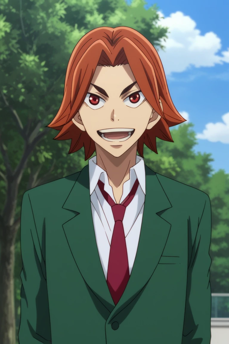 score_9, score_8_up, score_7_up, score_6_up, detailed, intricate details, highres, absurdres ,source_anime, cowboy shot, issa kaburagi, orange hair, orange eyes, school uniform, green blazer, upperbody, 1boy, male focus, solo, open mouth, smile, sky, cloud, day, parody, style parody, tree, outdoors, anime coloring<lora:EMS-429934-EMS:1.000000>