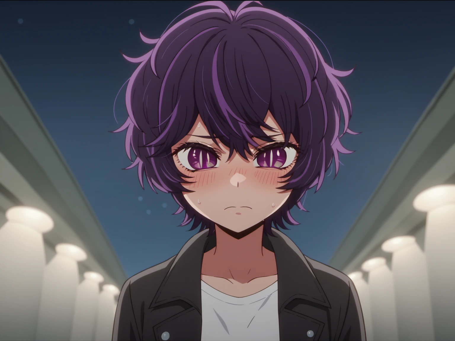 AbikoSamejima, score_10, score_9_up, score_8_up, dark, night, 1girl, short hair, purple hair, streaked hair, messy hair, solo, purple eyes, shy, anime screencap, depth of field,  solo, sparkling eyes, slit pupils, bright pupils, <lora:AbikoSamejima-e10-v2-dadaptation:0.9>,  open clothes, black trenchcoat, shirt,