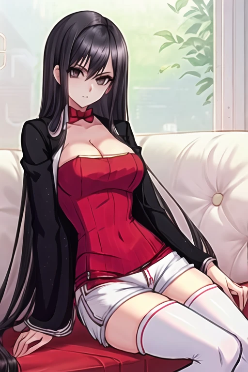 zhu zhuqing,long hair, black hair, cleavage,black jacket, red strapless dress,white shorts,thigh highs,sitting,looking at viewer<lora:Zhu_Zhuqing_-_Douluo_Dalu_I_Manhua:1>