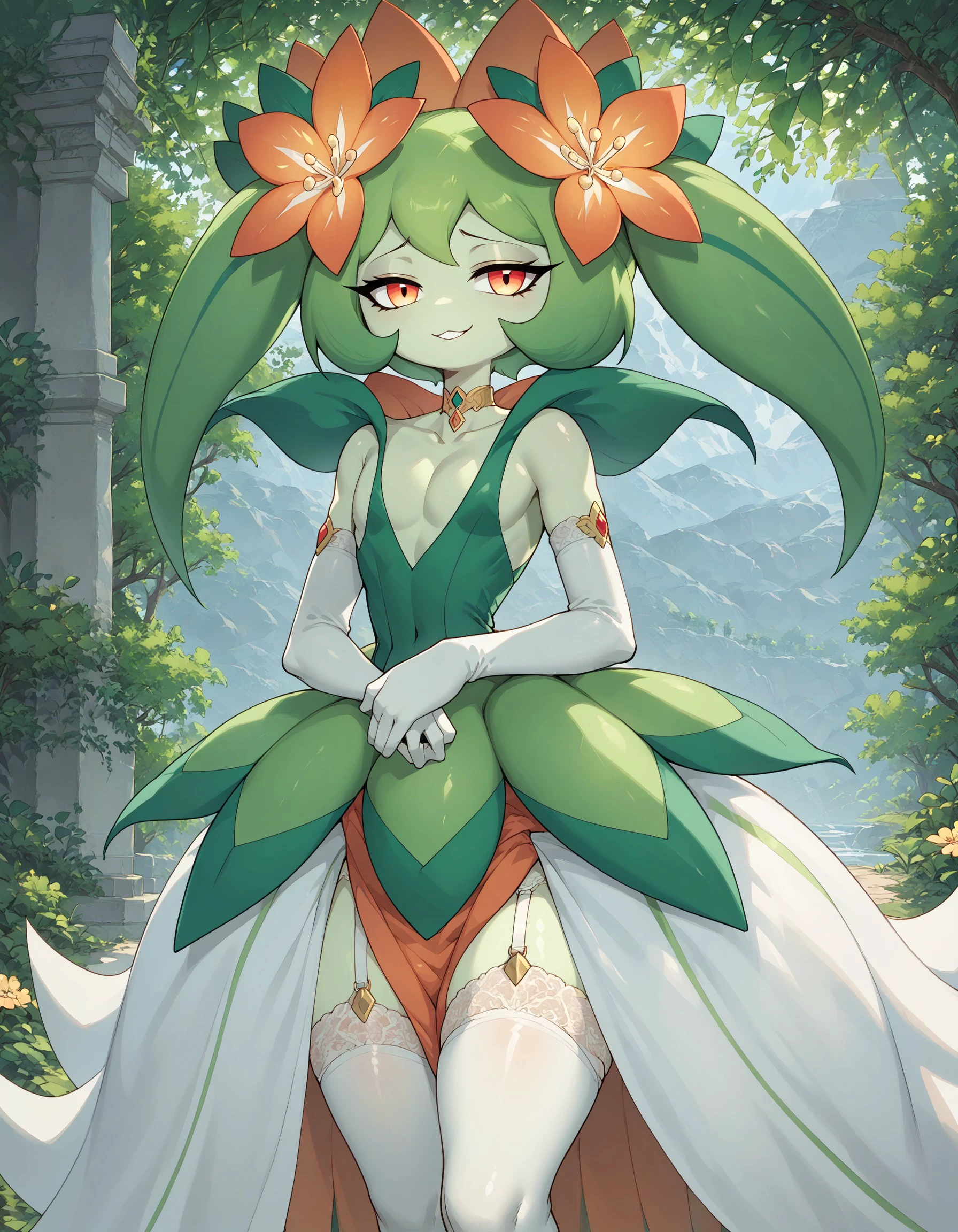 score_9, score_8_up, score_7_up, Lyleen, pokemon \(creature\), (solo), anthro, looking at viewer, nature, flowers, hair flower, twintails, smile, 1girl, femboy, girly, queen, royalty, temple, thigh highs, elbow gloves, crown, green hair, cleavage, dark green dress, pecs, choker, jewellery, half-closed eyes, garter straps, elegant, <lora:cefaa866-a58e-40ba-a219-79ab392f7d60:1.0>, <lora:7ec47181-66fd-458d-94ca-dd9d4ce04993:0.8>, <lora:bade12a5-57c3-47ac-86af-723ba1ed744e:1.0>