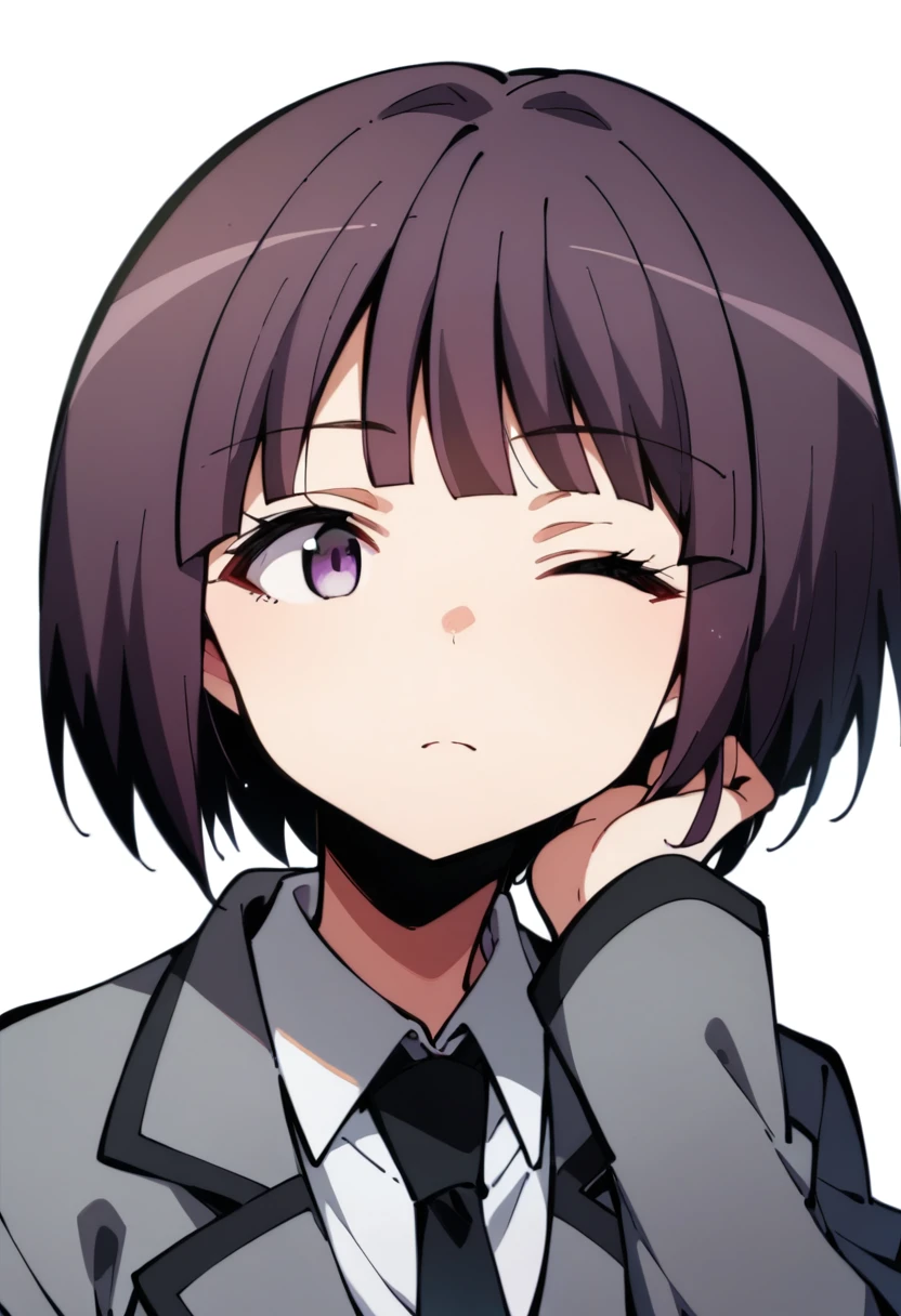 score_9,score_8_up,score_7_up,score_anime,2d,1girl,<lora:Yuzuki-Fuwa_v2:0.8>,Yuzuki Fuwa,purple eyes,purple hair,bob cut,solo,
thinking,one eye closed,closed mouth,
gray jacket,black necktie,collared shirt,white shirt,necktie,white_background,