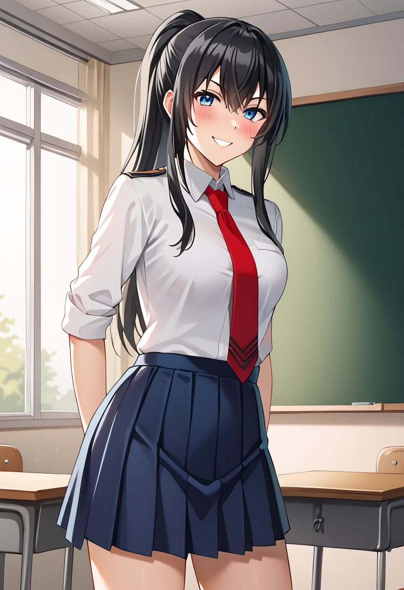 aoi_kunieda, black hair, long hair, blue eyes, schoool uniform, ponytail,  white shirt, red necktie, blue skirt, BREAK indoors, classroom BREAK cowboy shot, looking at viewer, standing, blush, front side,flirtyface, seductive smile,  BREAK score_9, score_8_up, score_7_up, source_anime , <lora:Aoi_Kunieda:0.8>,