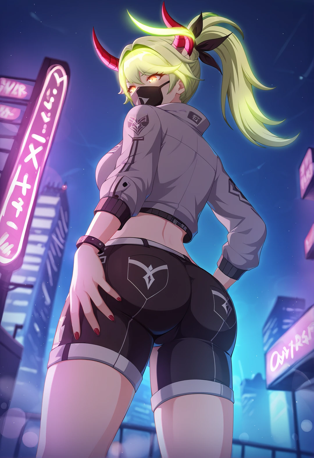 rating_all, Honkai3StyleV4XL, c0l0urgl0w, 1girl, solo, long hair, looking back, ponytail, demon horns, horns, (mouth mask:0.8), cyperpunk vibes, city scrapper, night, (hair glowing), glowing hair, glowing eyes, (from below, looking down), neon, neon light, depth of field, from behind, <lora:c0l0urgl0wXLP:0.7>, <lora:Honkai3StyleV4XL-EP6:1>