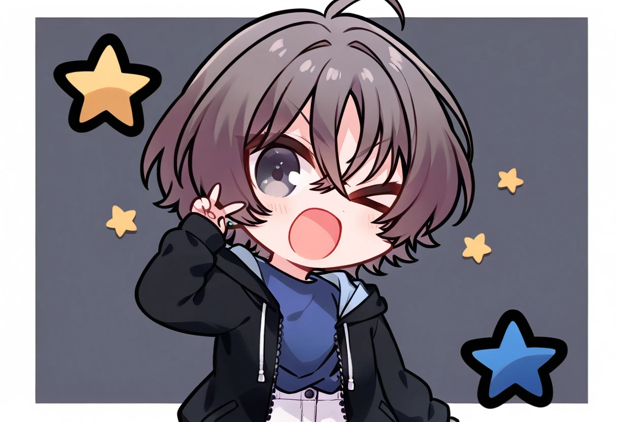 <lora:ciallo:1>, (1girl:1.5), (solo:1.5), azu\(since memories\), (ciallo:1.5), chibi, one eye closed, open mouth, ;d, v, grey short hair, grey eyes, hood down, sleeves past wrists, open clothes, long sleeves, black hood, blue shirt inside, drawstring, white pants, best quality,  <lora:azusa:1>