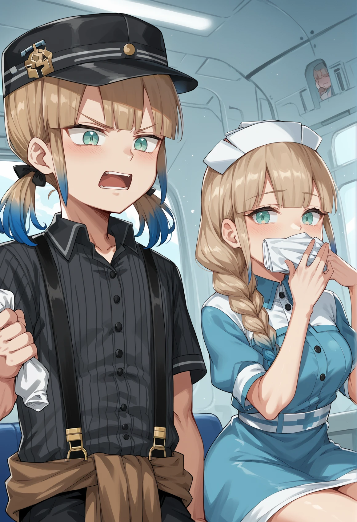 1boy, indoors, spacecraft interior, child, multicolored hair, gradient hair, blonde hair, blue hair, blue eyes, androgynous, 1boy, medium hair, twintails, black cap, grey shirt, suspenders, Vertical-Striped Shirt, Jacket Around Waist, disgust, open mouth
BREAK
2boys, indoors, spacecraft interior, 1girl, multicolored hair, gradient hair, blonde hair, blue hair, blue eyes, androgynous, 1girl, long hair, braid, sidelocks, nurse cap, blue dress, jacket, off shoulder, covering mouth, smile
 <lora:Nemo_XL:1>, score_9, score_8_up, score_7_up, score_6_up, score_5_up, score_4_up, BREAK source_anime, masterpiece